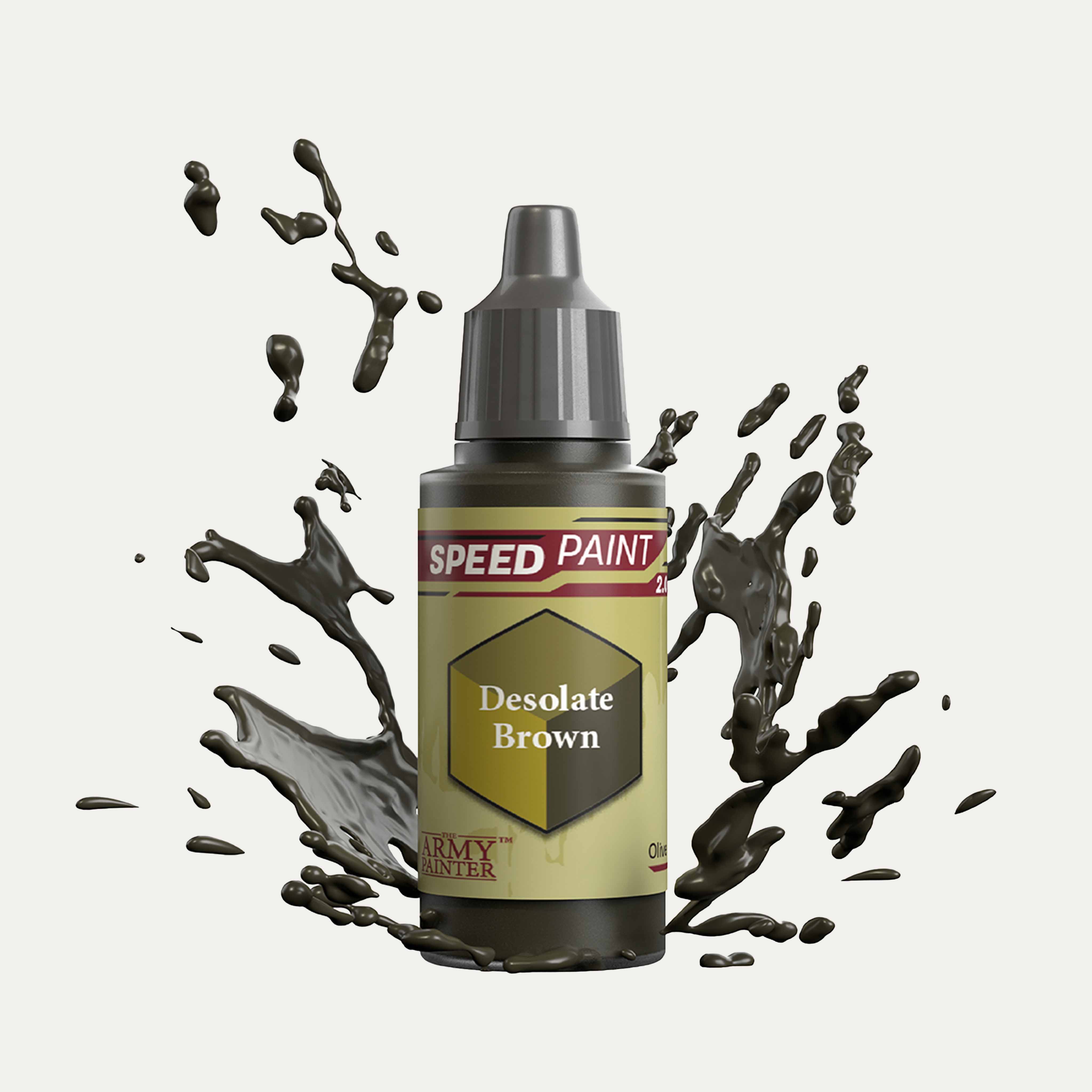 Bottle of the Army Painter Speedpaint in the colour Desolate Brown on a white background. There are splatters of Desolate Brown paint emerging from the bottom of the paint bottle. 