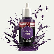 Bottle of the Army Painter Fanatics in the colour Diabolic Plum on a white background. There are splatters of paint emerging from the bottom of the paint bottle. 