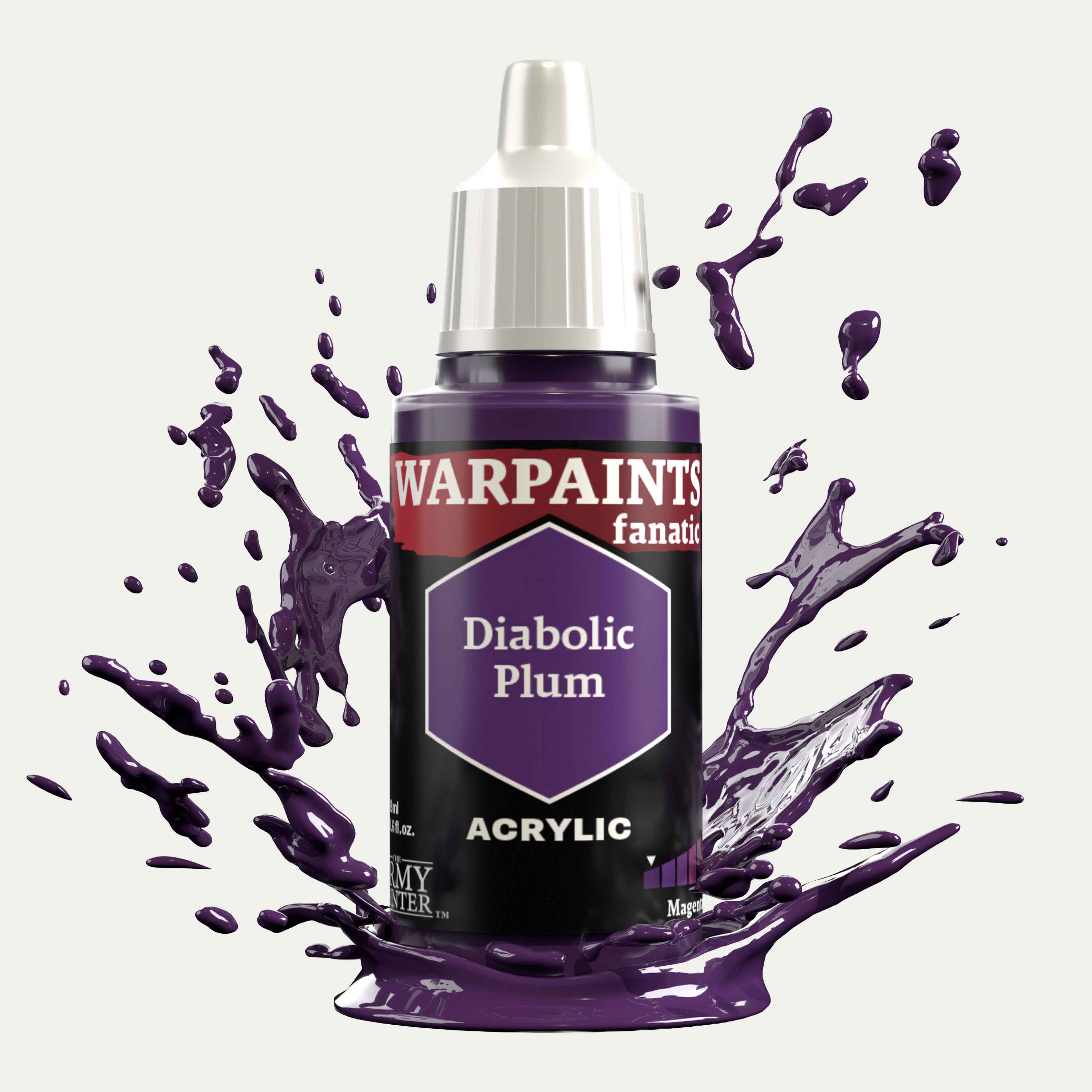 Bottle of the Army Painter Fanatics in the colour Diabolic Plum on a white background. There are splatters of paint emerging from the bottom of the paint bottle. 