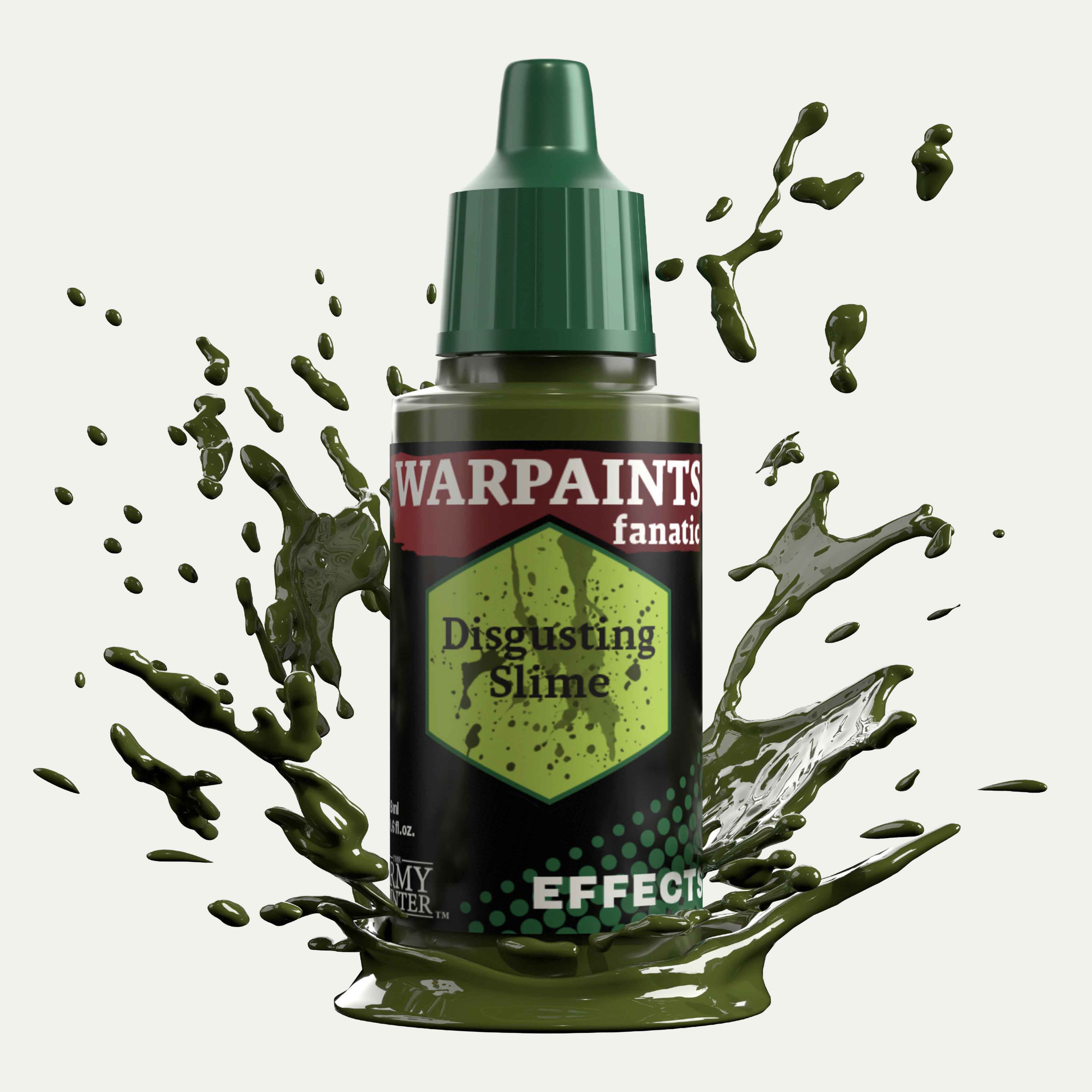 Bottle of the Army Painter Fanatics Effects in the colour Disgusting Slime on a white background. There are splatters of paint emerging from the bottom of the paint bottle. 