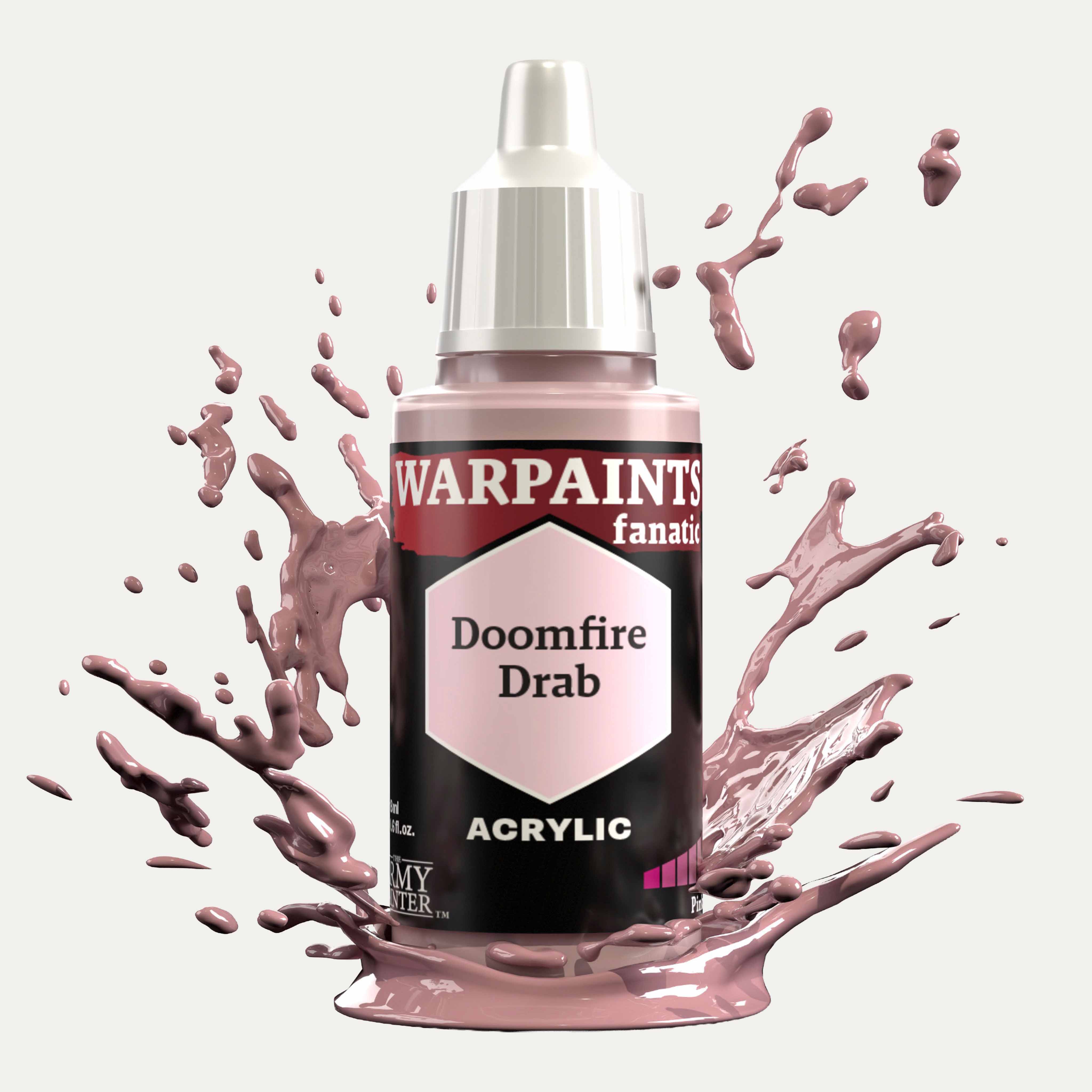 Bottle of the Army Painter Fanatics in the colour Doomfire Drab on a white background. There are splatters of paint emerging from the bottom of the paint bottle. 