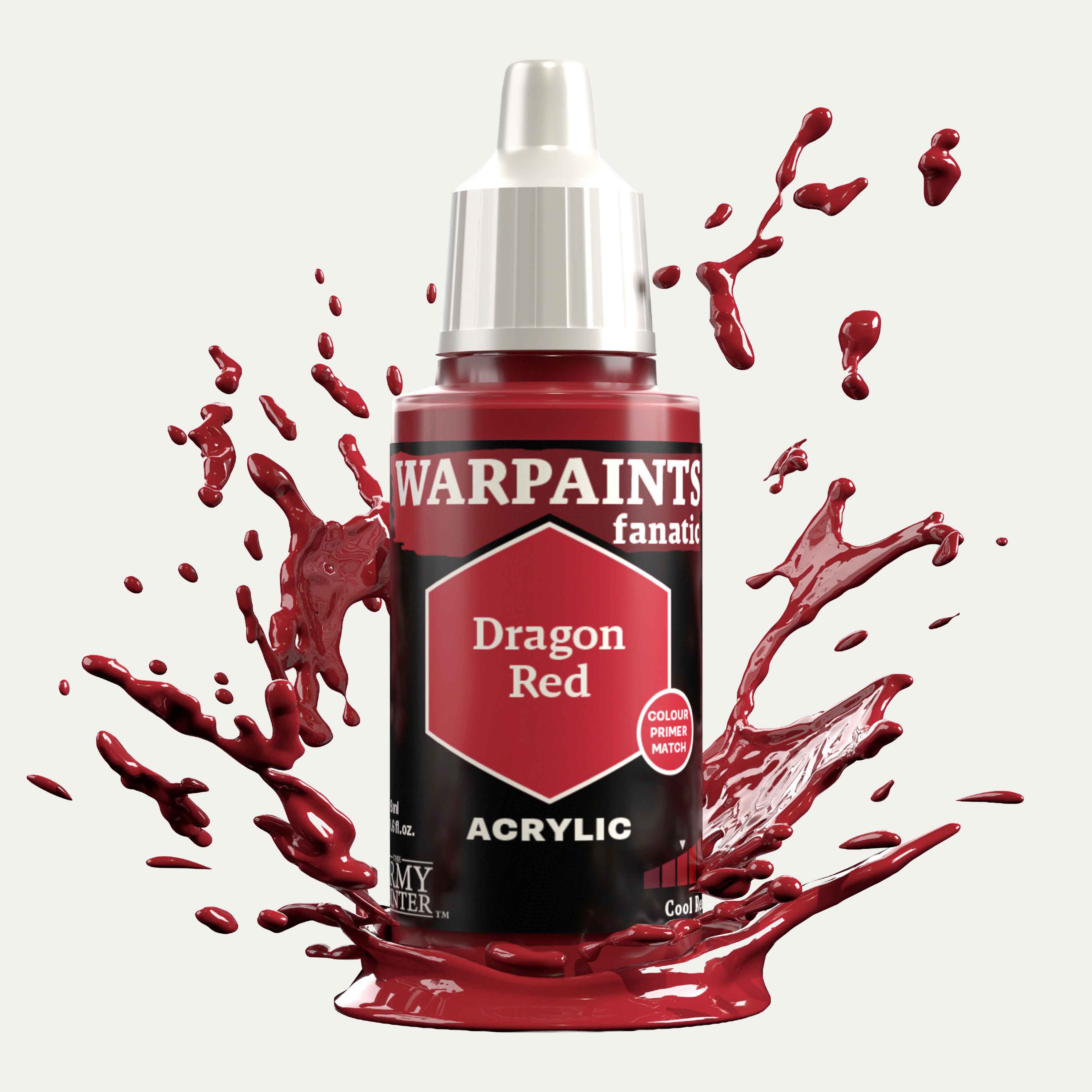 Bottle of the Army Painter Fanatics in the colour Dragon Red on a white background. There are splatters of paint emerging from the bottom of the paint bottle. 