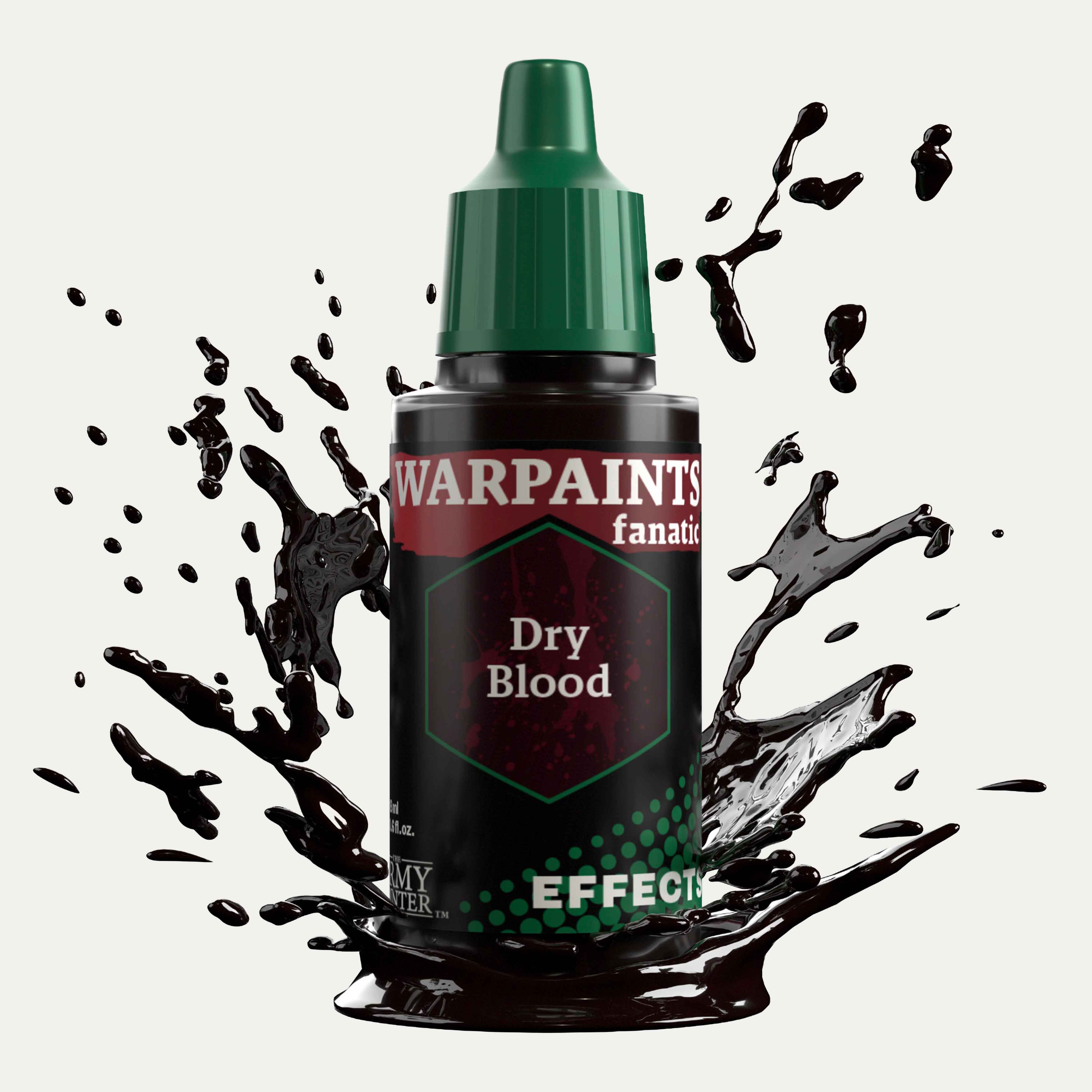 Bottle of the Army Painter Fanatics Effects in the colour Dry Blood on a white background. There are splatters of paint emerging from the bottom of the paint bottle. 