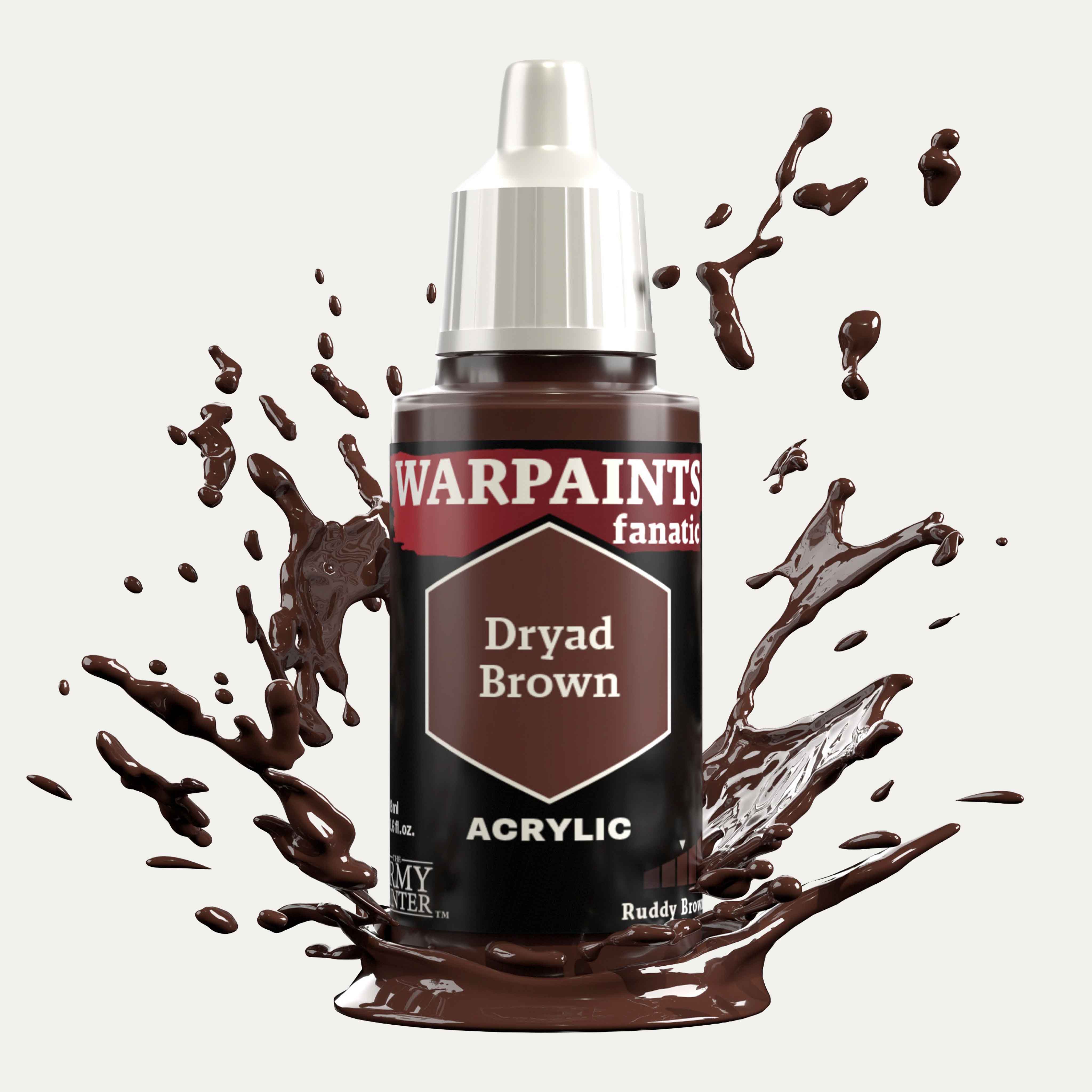 Bottle of the Army Painter Fanatics in the colour Dryad Brown on a white background. There are splatters of paint emerging from the bottom of the paint bottle. 