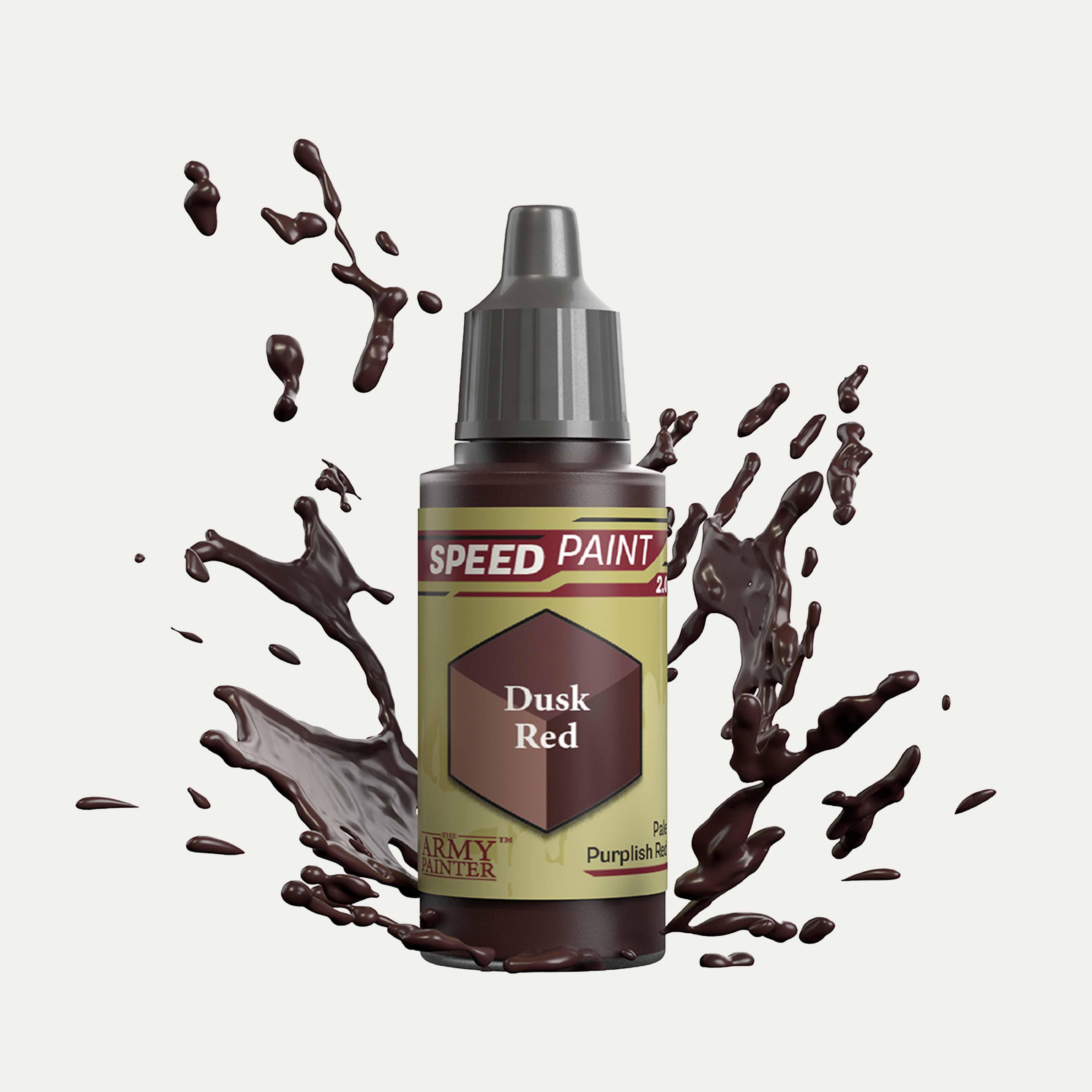 Bottle of the Army Painter Speedpaint in the colour Dusk Red on a white background. There are splatters of Dusk Red paint emerging from the bottom of the paint bottle. 