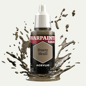 Bottle of the Army Painter Fanatics in the colour Dusty Skull on a white background. There are splatters of paint emerging from the bottom of the paint bottle. 