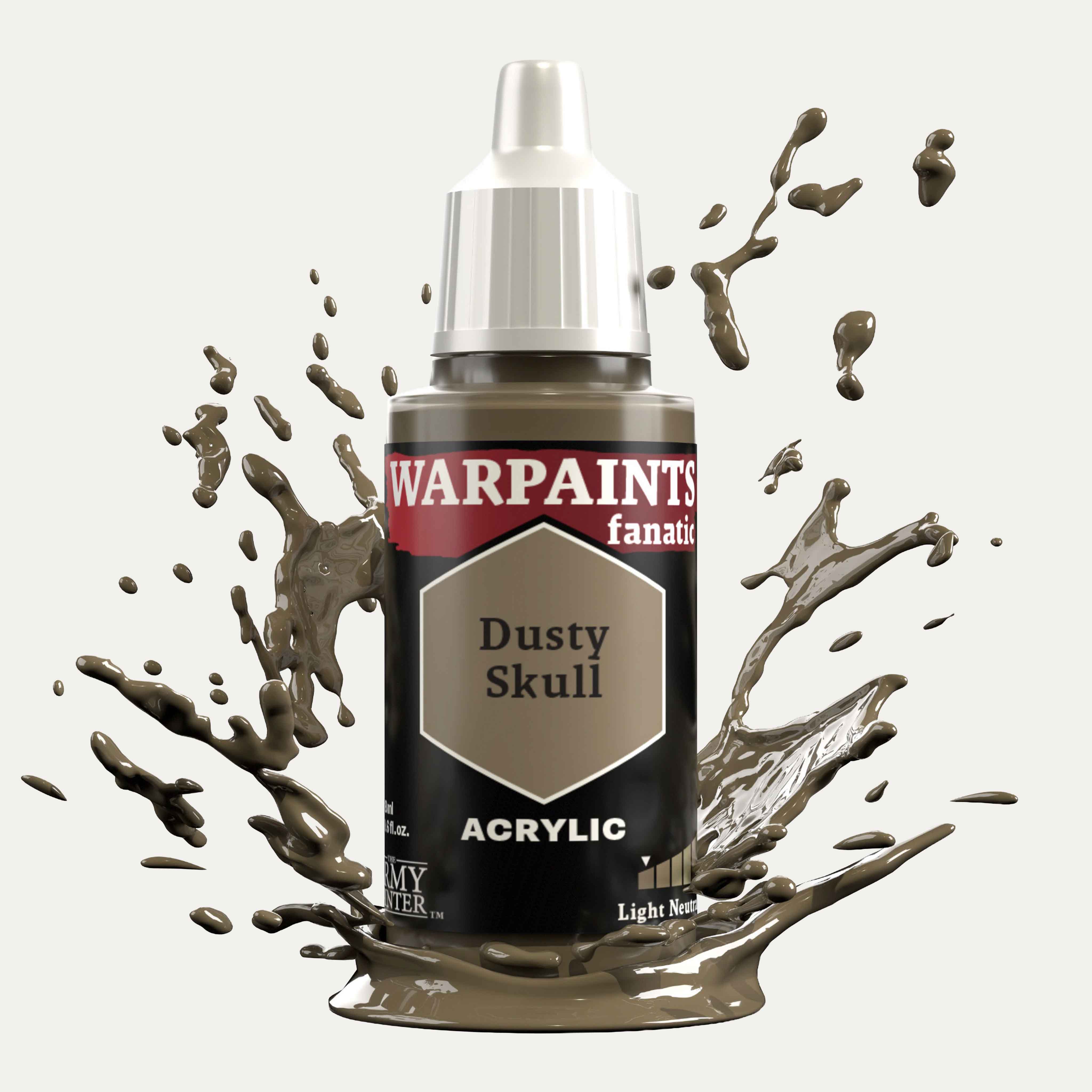 Bottle of the Army Painter Fanatics in the colour Dusty Skull on a white background. There are splatters of paint emerging from the bottom of the paint bottle. 