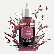 Bottle of the Army Painter Fanatics in the colour Elder Flower on a white background. There are splatters of paint emerging from the bottom of the paint bottle. 