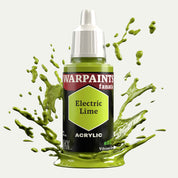 Bottle of the Army Painter Fanatics in the colour Electric Lime on a white background. There are splatters of paint emerging from the bottom of the paint bottle. 