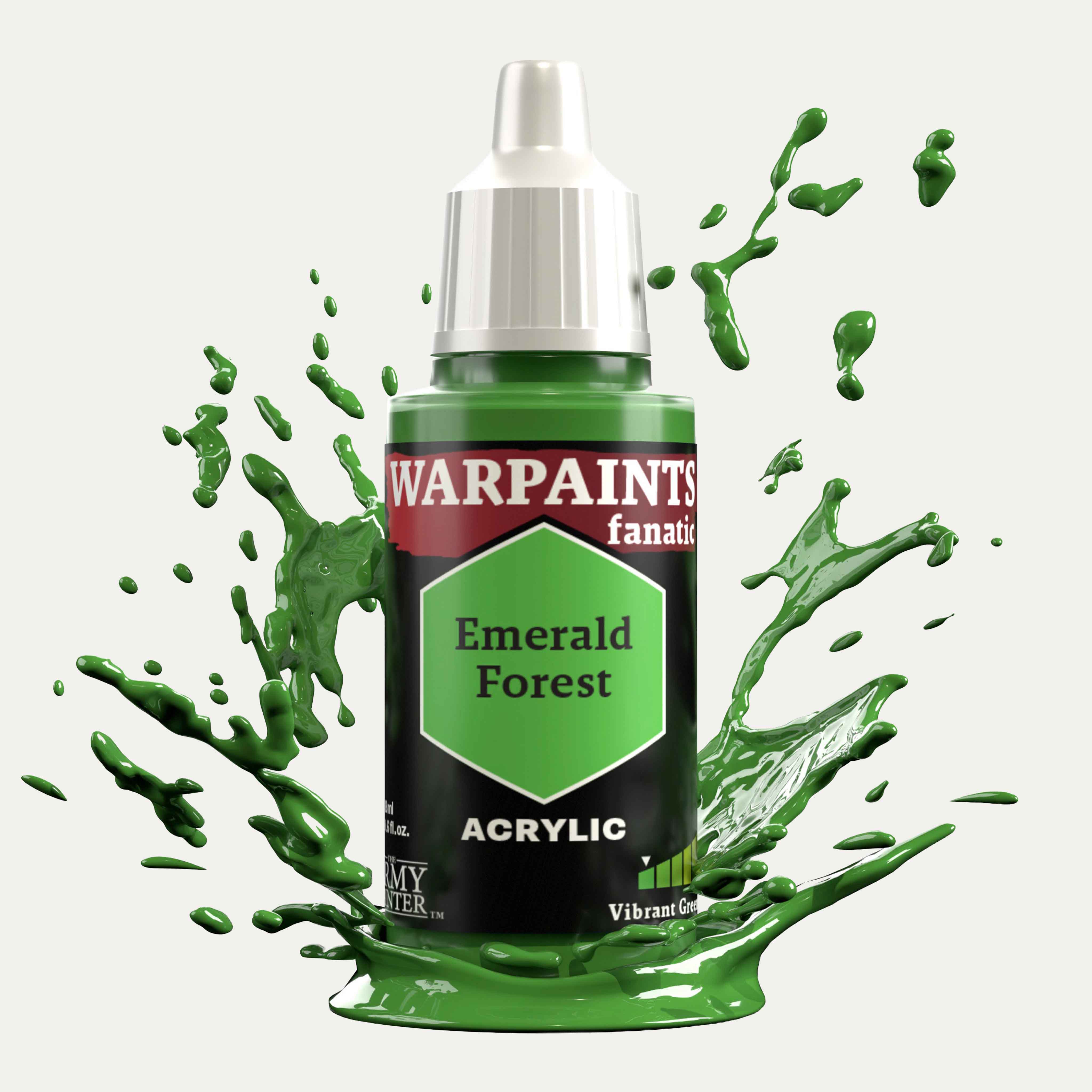 Bottle of the Army Painter Fanatics in the colour Emerald Forest on a white background. There are splatters of paint emerging from the bottom of the paint bottle. 