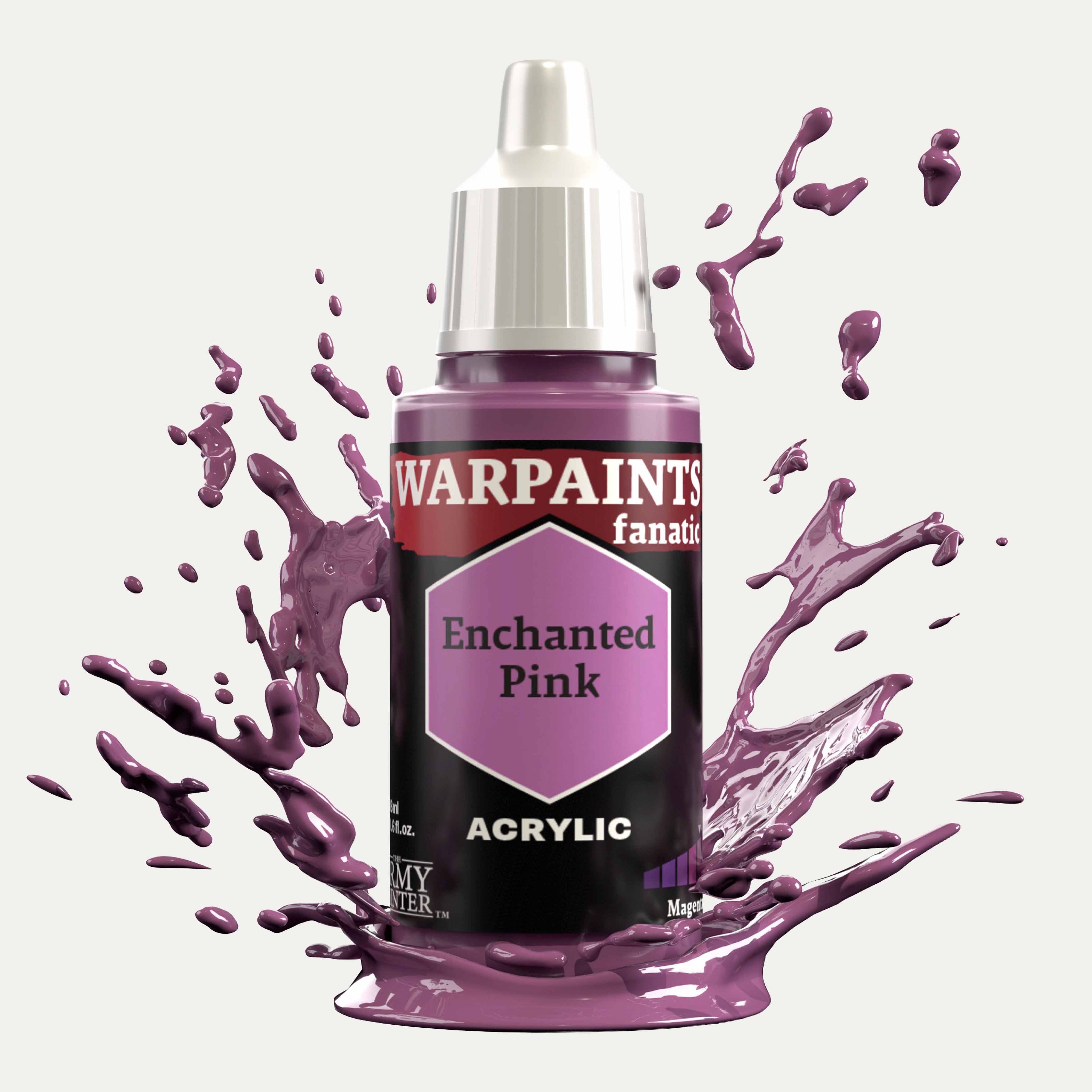 Bottle of the Army Painter Fanatics in the colour Enchanted Pink on a white background. There are splatters of paint emerging from the bottom of the paint bottle. 