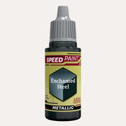 Bottle of the Army Painters metallic Speedpaint in the colour Enchanted Steel on a white background. There are splatters of Enchanted Steel paint emerging from the bottom of the paint bottle. 