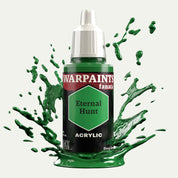 Bottle of the Army Painter Fanatics in the colour Eternal Hunt on a white background. There are splatters of paint emerging from the bottom of the paint bottle. 