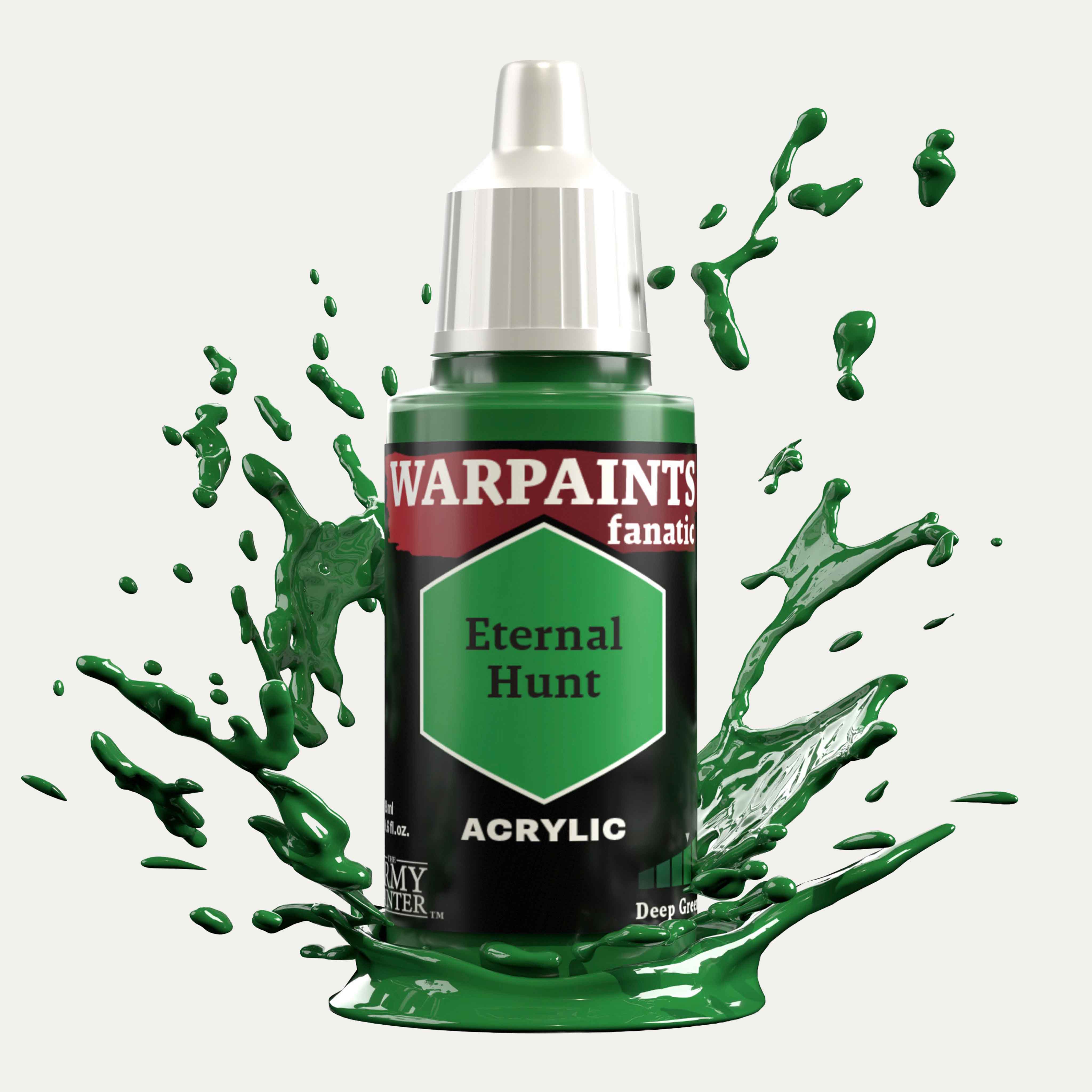 Bottle of the Army Painter Fanatics in the colour Eternal Hunt on a white background. There are splatters of paint emerging from the bottom of the paint bottle. 