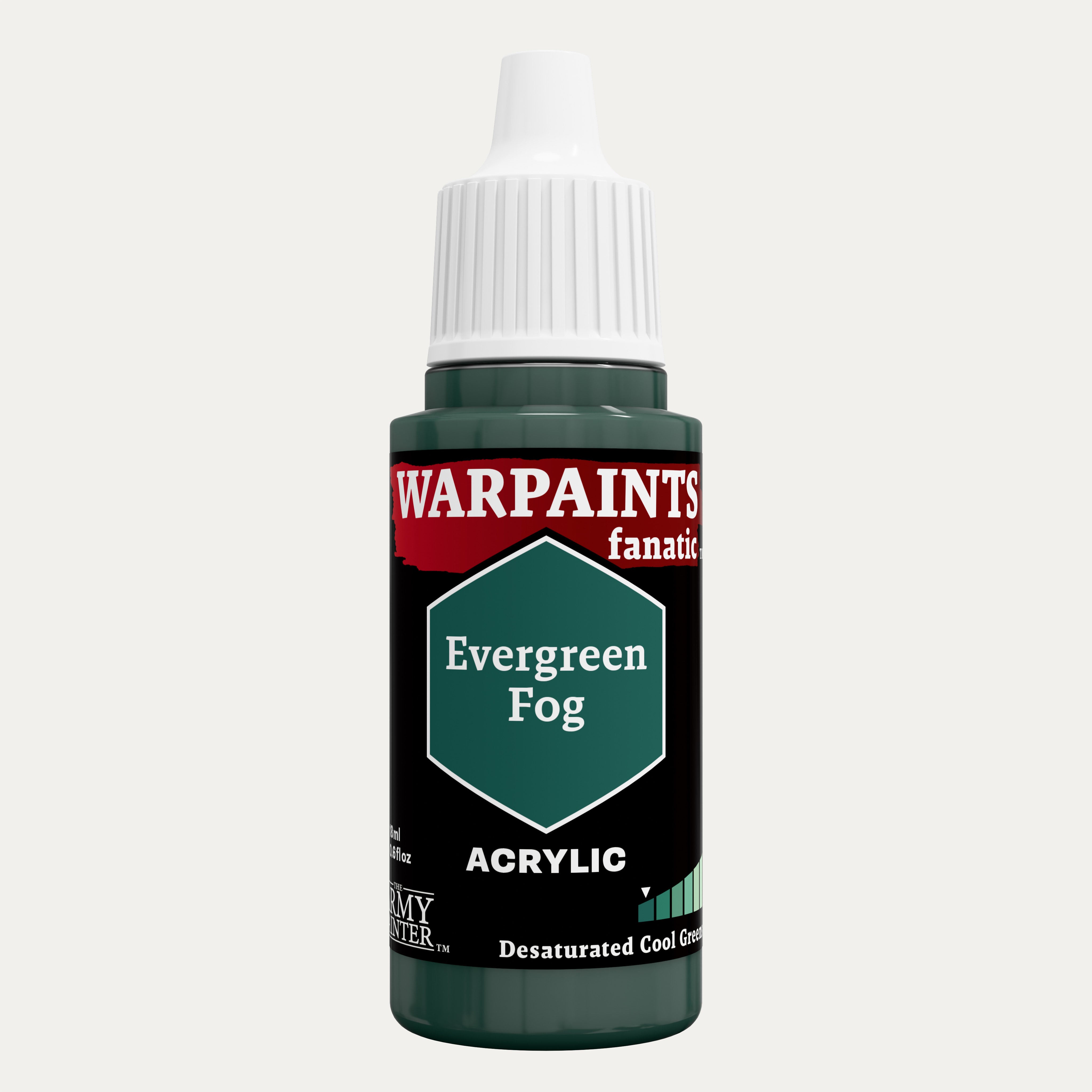 Bottle of the Army Painter Fanatics in the colour Evergreen Fog on a white background.