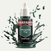 Bottle of the Army Painter Fanatics in the colour Evergreen Fog on a white background. There are splatters of paint emerging from the bottom of the paint bottle. 