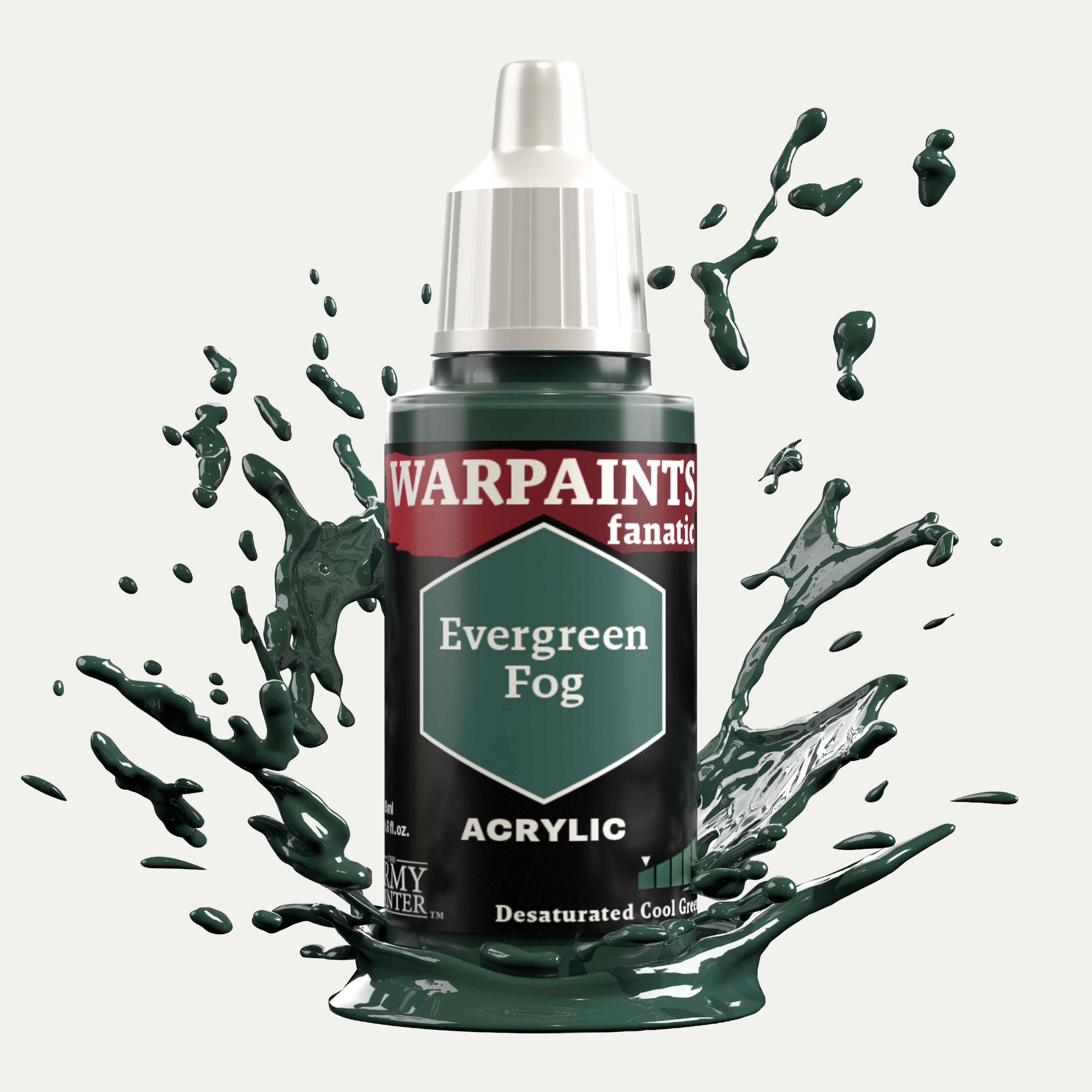 Bottle of the Army Painter Fanatics in the colour Evergreen Fog on a white background. There are splatters of paint emerging from the bottom of the paint bottle. 