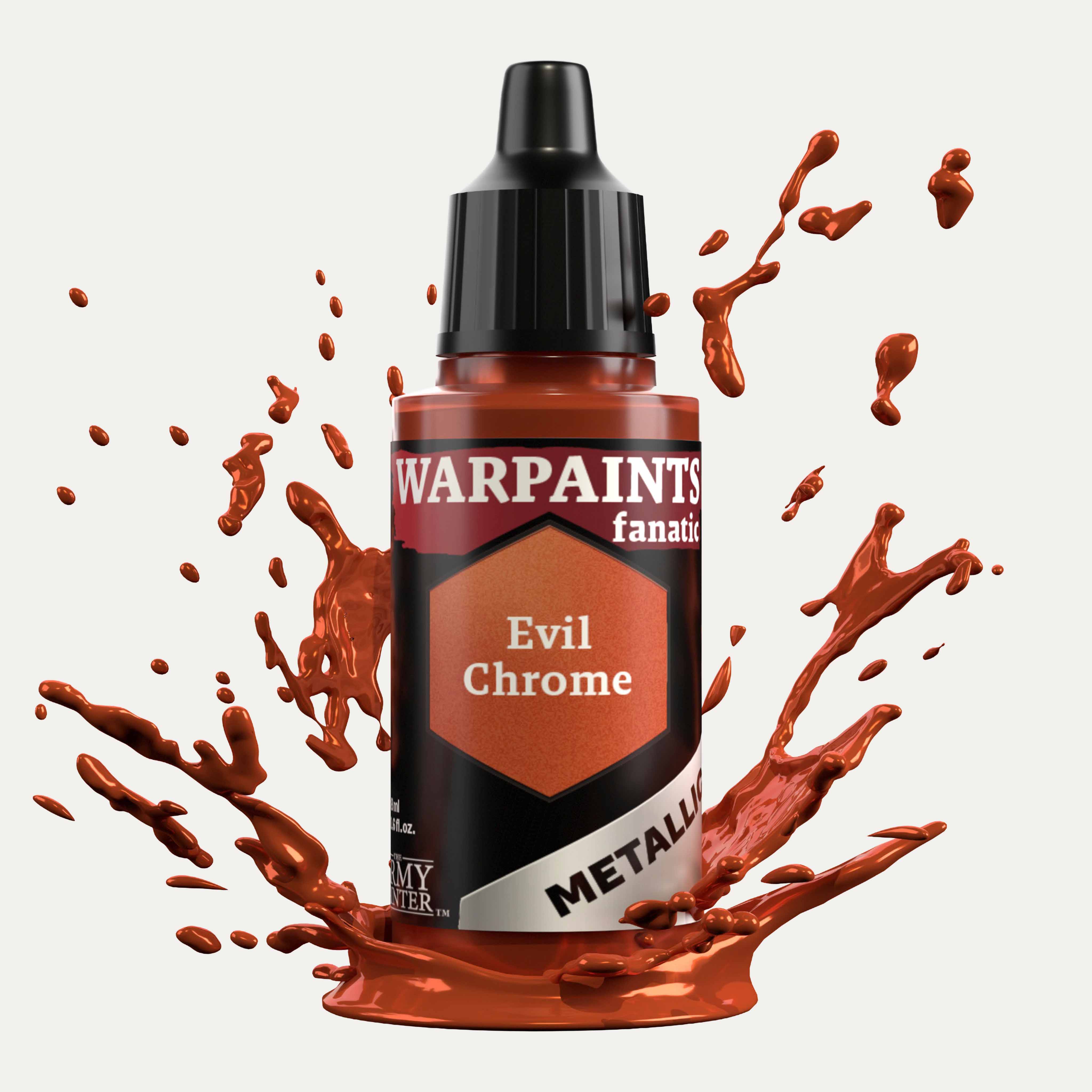 Bottle of the Army Painter Fanatics Metallic paint in the colour Evil Chrome on a white background. There are splatters of paint emerging from the bottom of the paint bottle. 