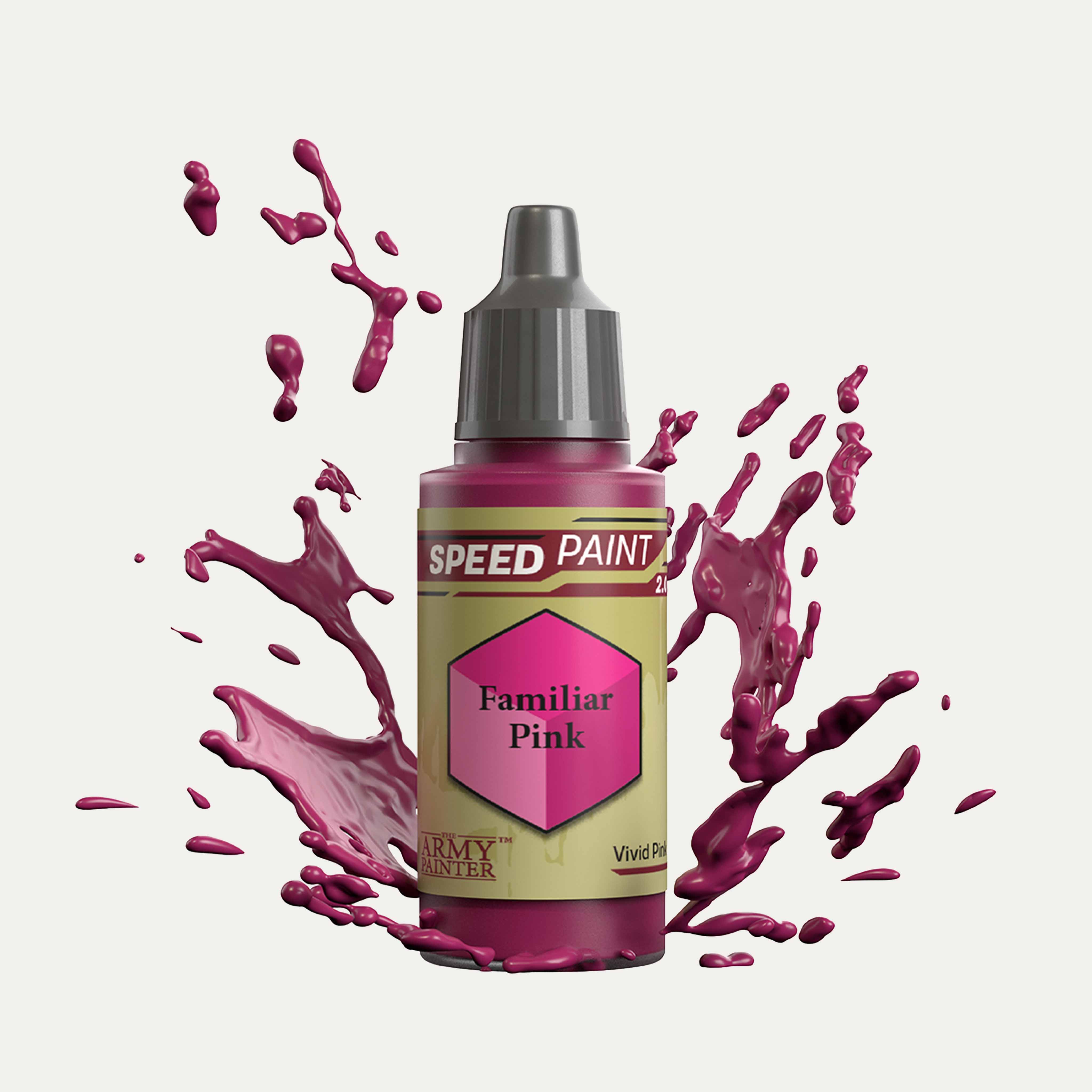 Bottle of the Army Painter Speedpaint in the colour Familiar Pink on a white background. There are splatters of Familiar Pink paint emerging from the bottom of the paint bottle. 
