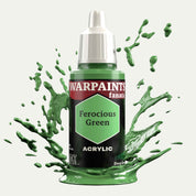Bottle of the Army Painter Fanatics in the colour Ferocious Green on a white background. There are splatters of paint emerging from the bottom of the paint bottle. 