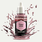 Bottle of the Army Painter Fanatics in the colour Figgy Pink on a white background. There are splatters of paint emerging from the bottom of the paint bottle. 