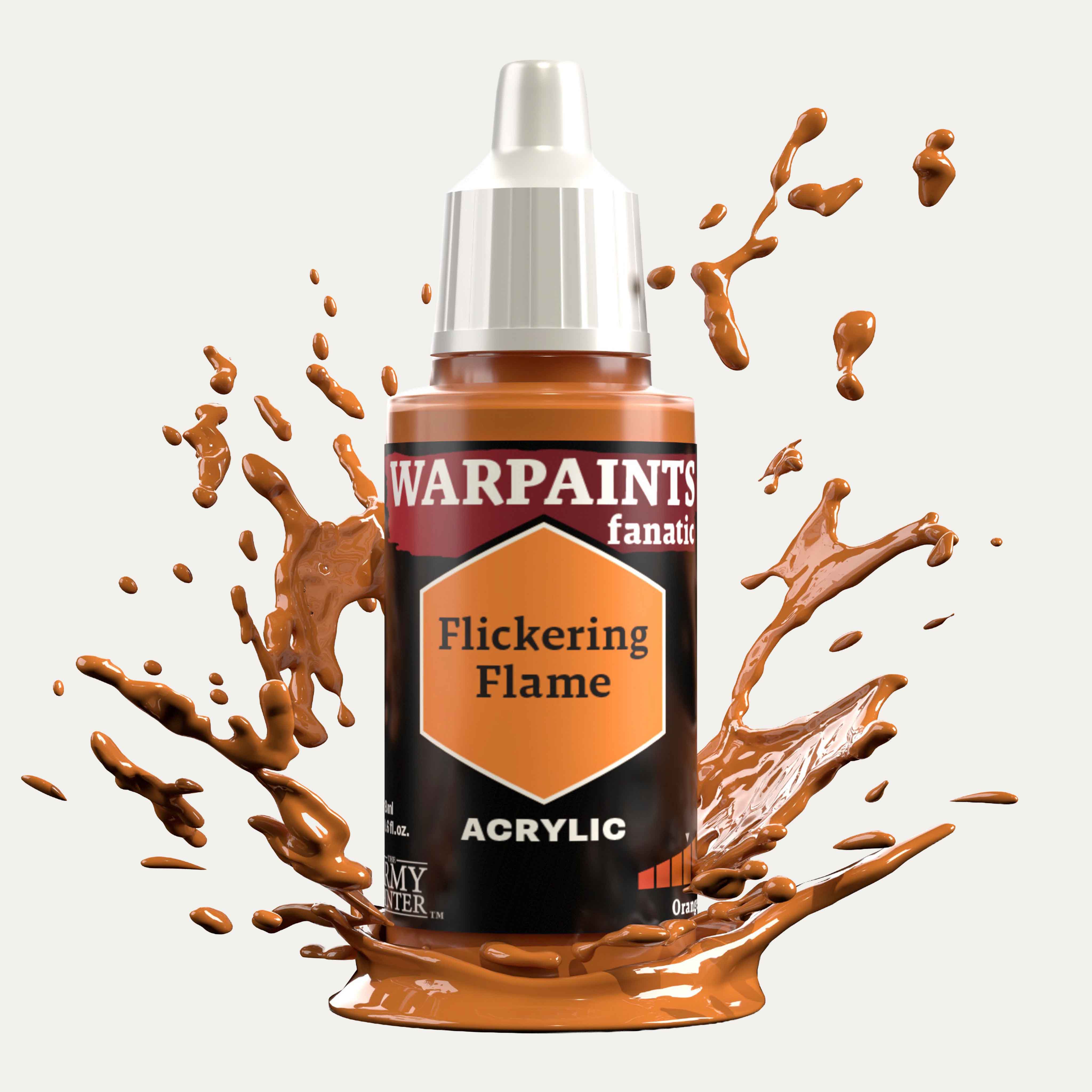 Bottle of the Army Painter Fanatics in the colour Flickering Flame on a white background. There are splatters of paint emerging from the bottom of the paint bottle. 