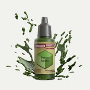 Bottle of the Army Painter Speedpaint in the colour Forest Sprite on a white background. There are splatters of Forest Sprite paint emerging from the bottom of the paint bottle. 
