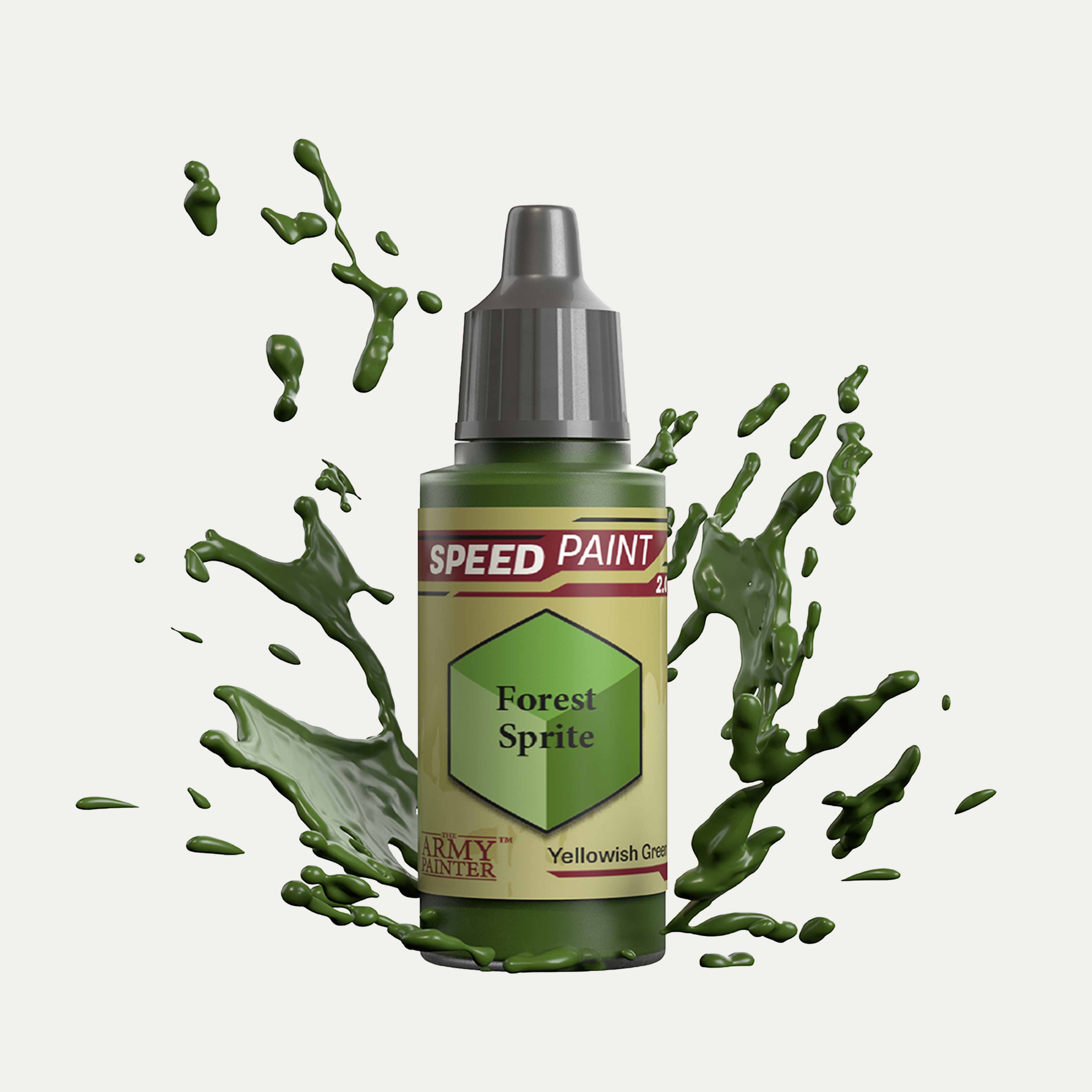 Bottle of the Army Painter Speedpaint in the colour Forest Sprite on a white background. There are splatters of Forest Sprite paint emerging from the bottom of the paint bottle. 