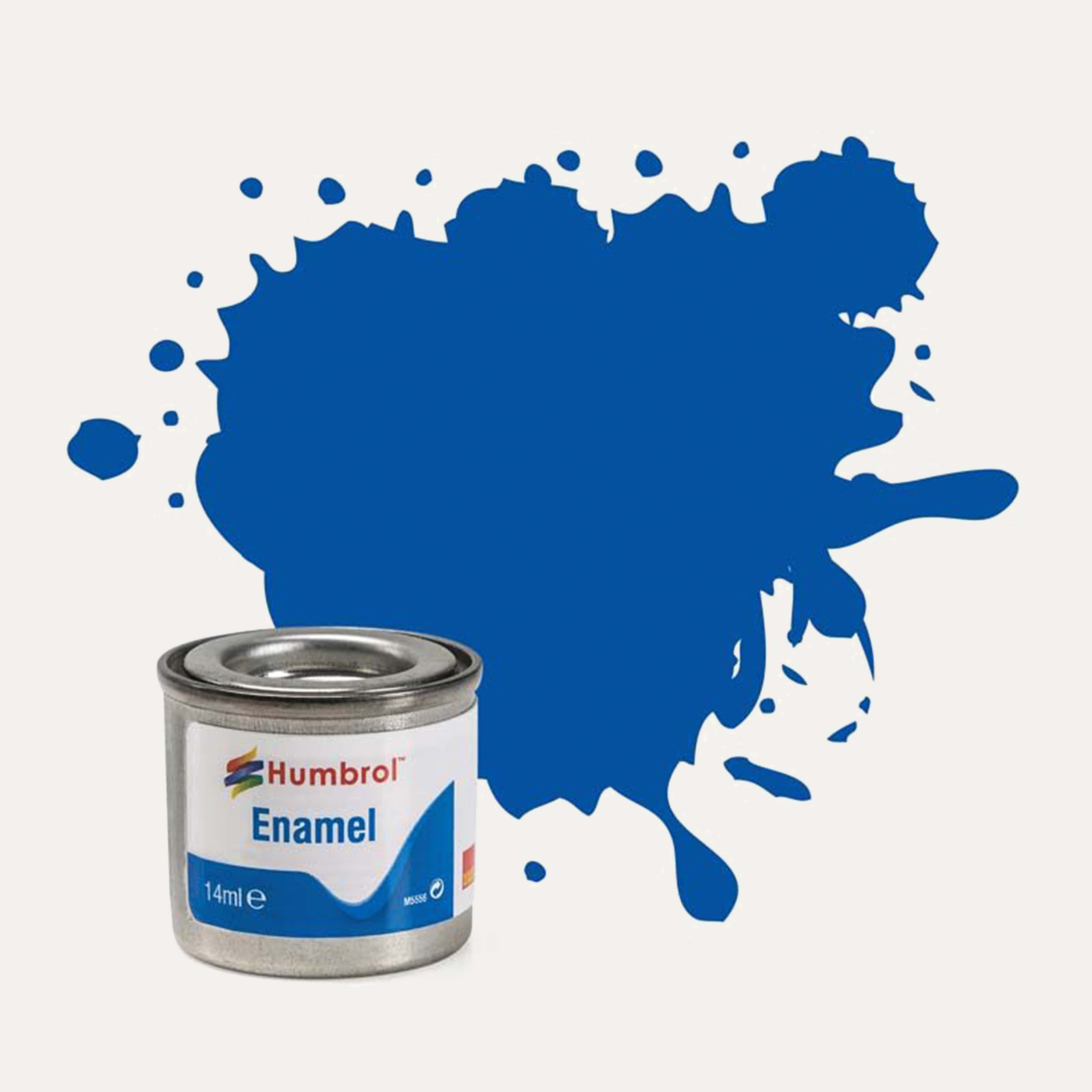 Humbrol Enamel paint tin, with a splatter of French Blue Gloss colour behind it, on a white background.