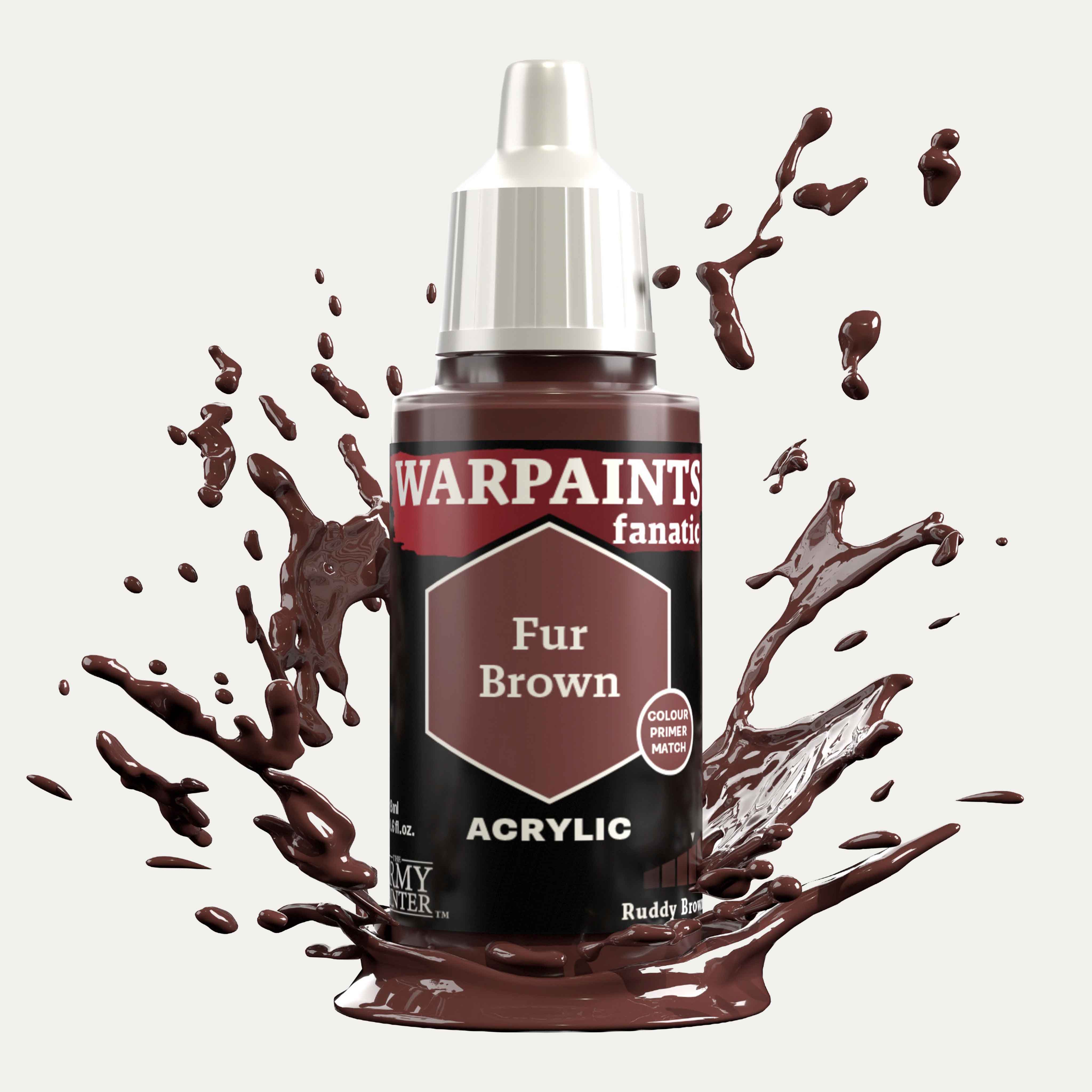 Bottle of the Army Painter Fanatics in the colour Fur Brown on a white background. There are splatters of paint emerging from the bottom of the paint bottle. 