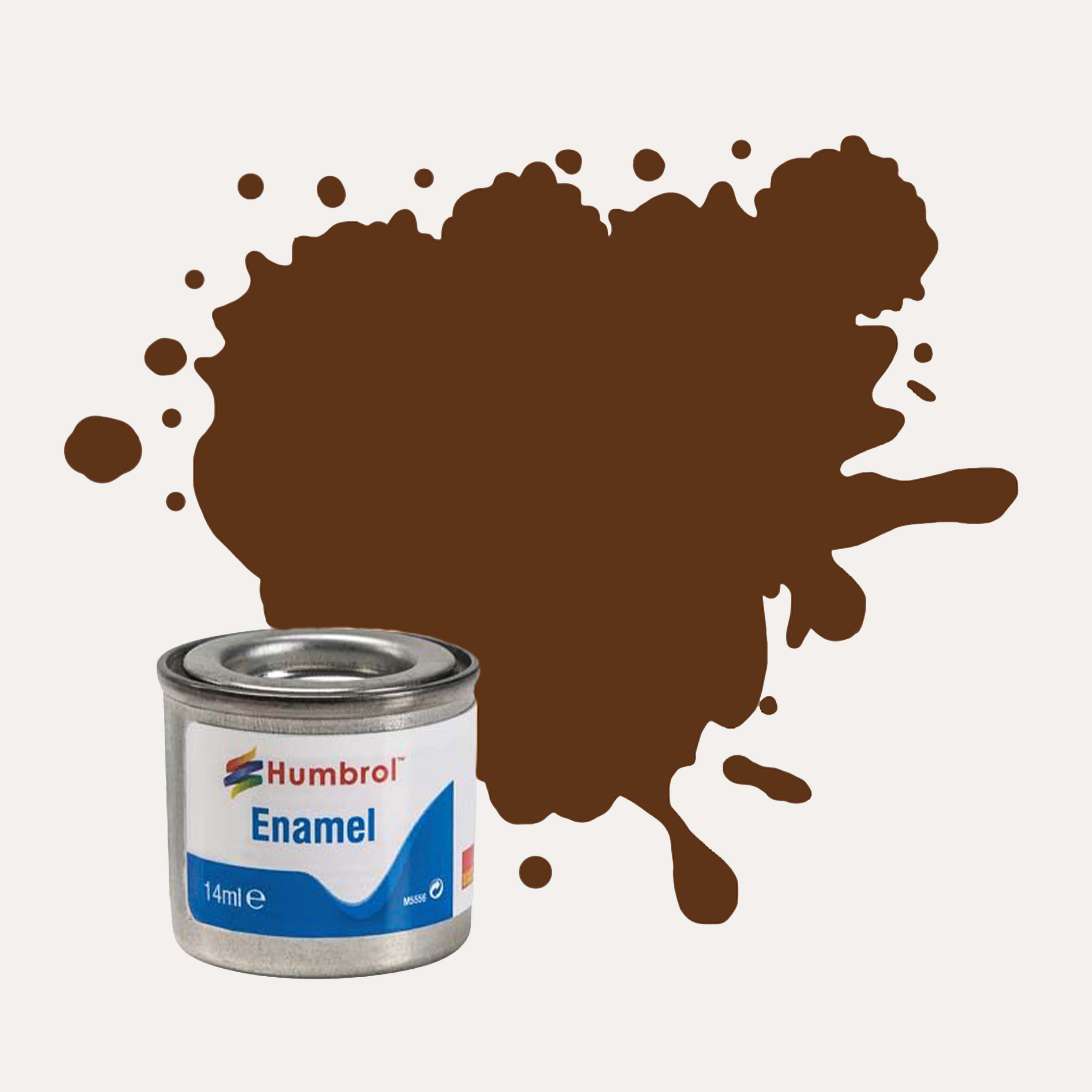 Humbrol Enamel paint tin, with a splatter of german Cam Red Brown colour behind it, on a white background.