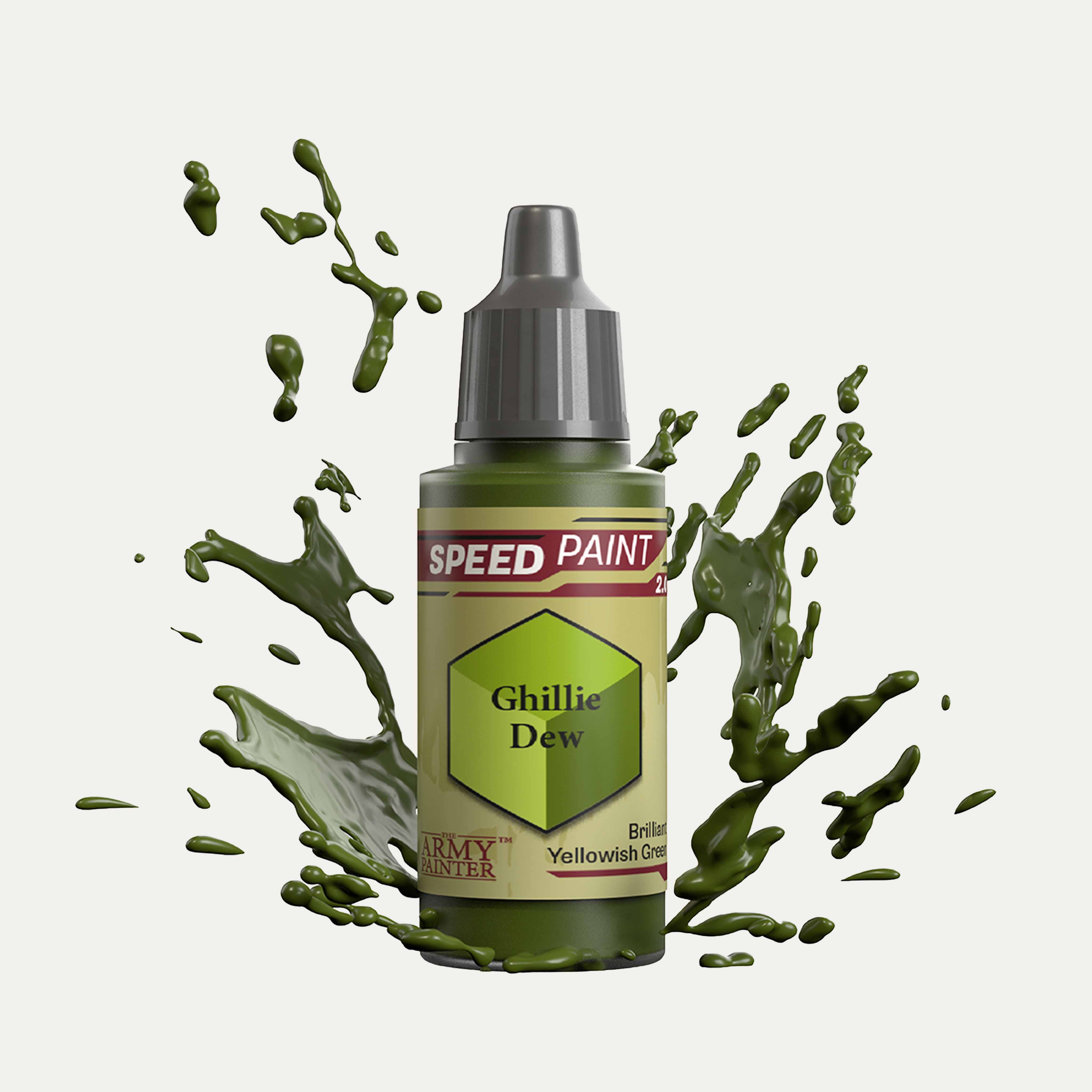 Bottle of the Army Painter Speedpaint in the colour Ghillie Dew on a white background. There are splatters of Ghillie Dew paint emerging from the bottom of the paint bottle. 