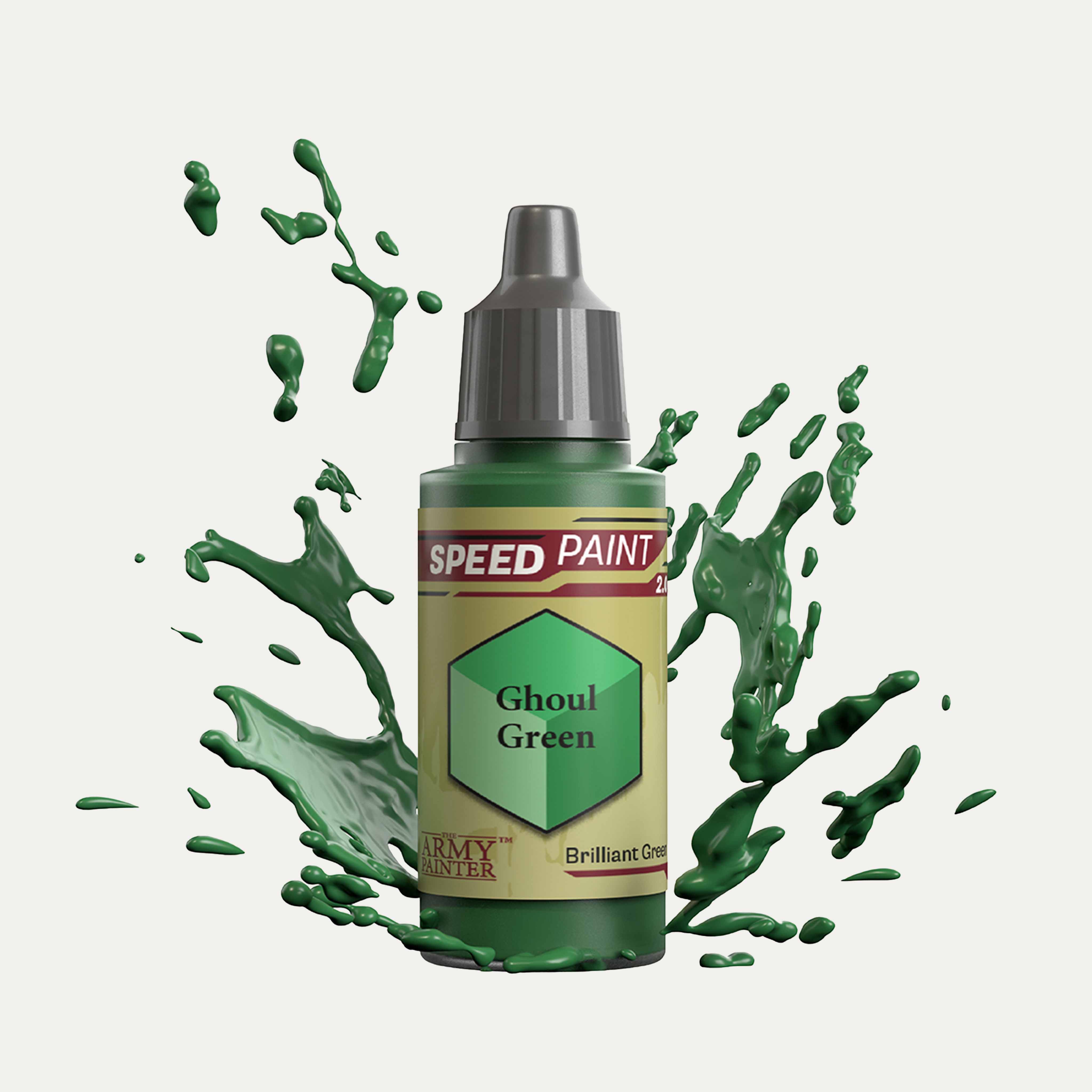 Bottle of the Army Painter Speedpaint in the colour Ghoul Green on a white background. There are splatters of Ghoul Green paint emerging from the bottom of the paint bottle. 