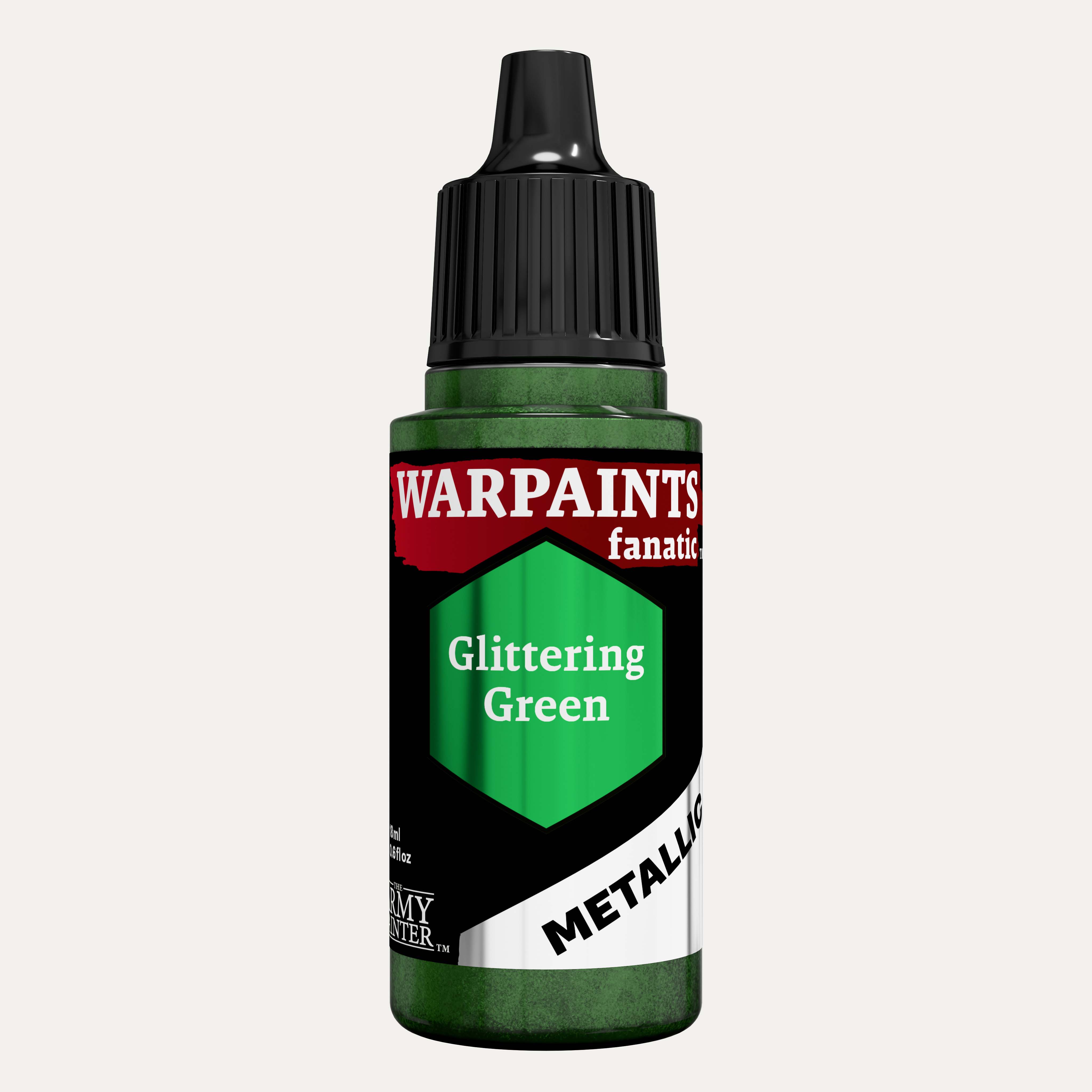 Bottle of the Army Painter Fanatics Metallic paint in the colour Glittering Green on a white background.