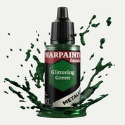 Bottle of the Army Painter Fanatics Metallic paint in the colour Glittering Green on a white background. There are splatters of paint emerging from the bottom of the paint bottle. 