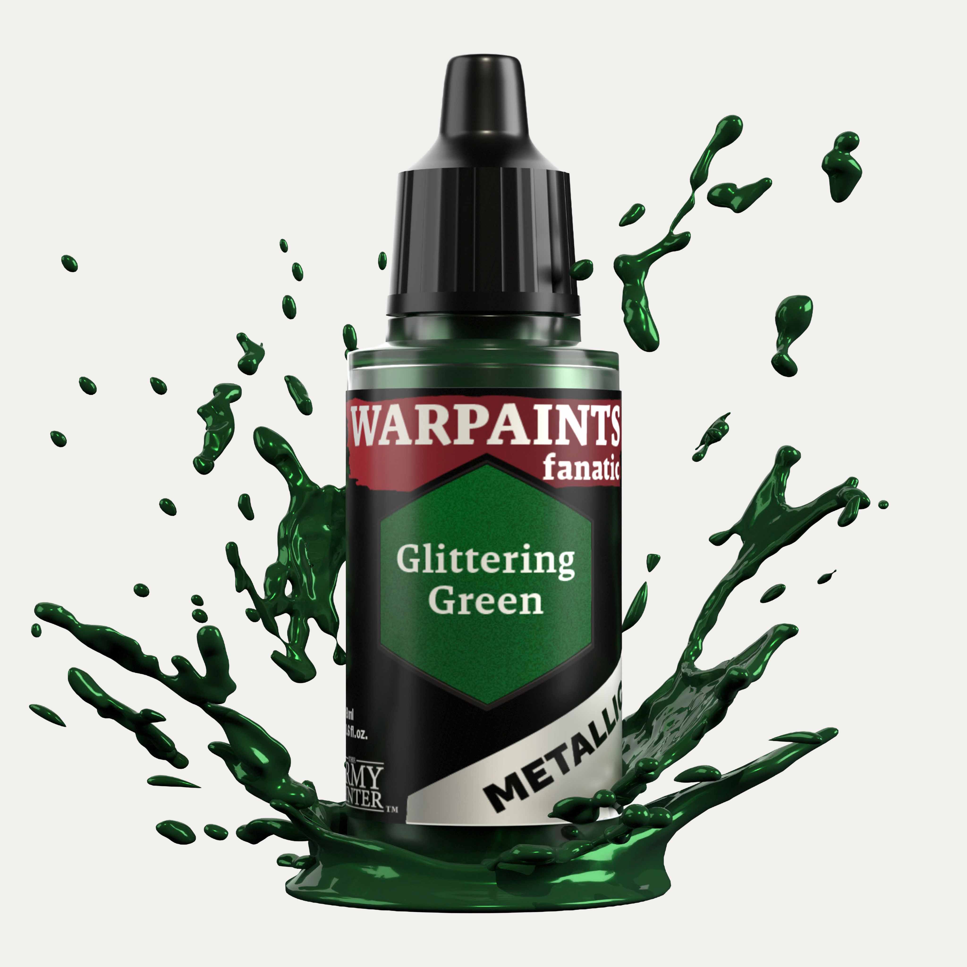 Bottle of the Army Painter Fanatics Metallic paint in the colour Glittering Green on a white background. There are splatters of paint emerging from the bottom of the paint bottle. 