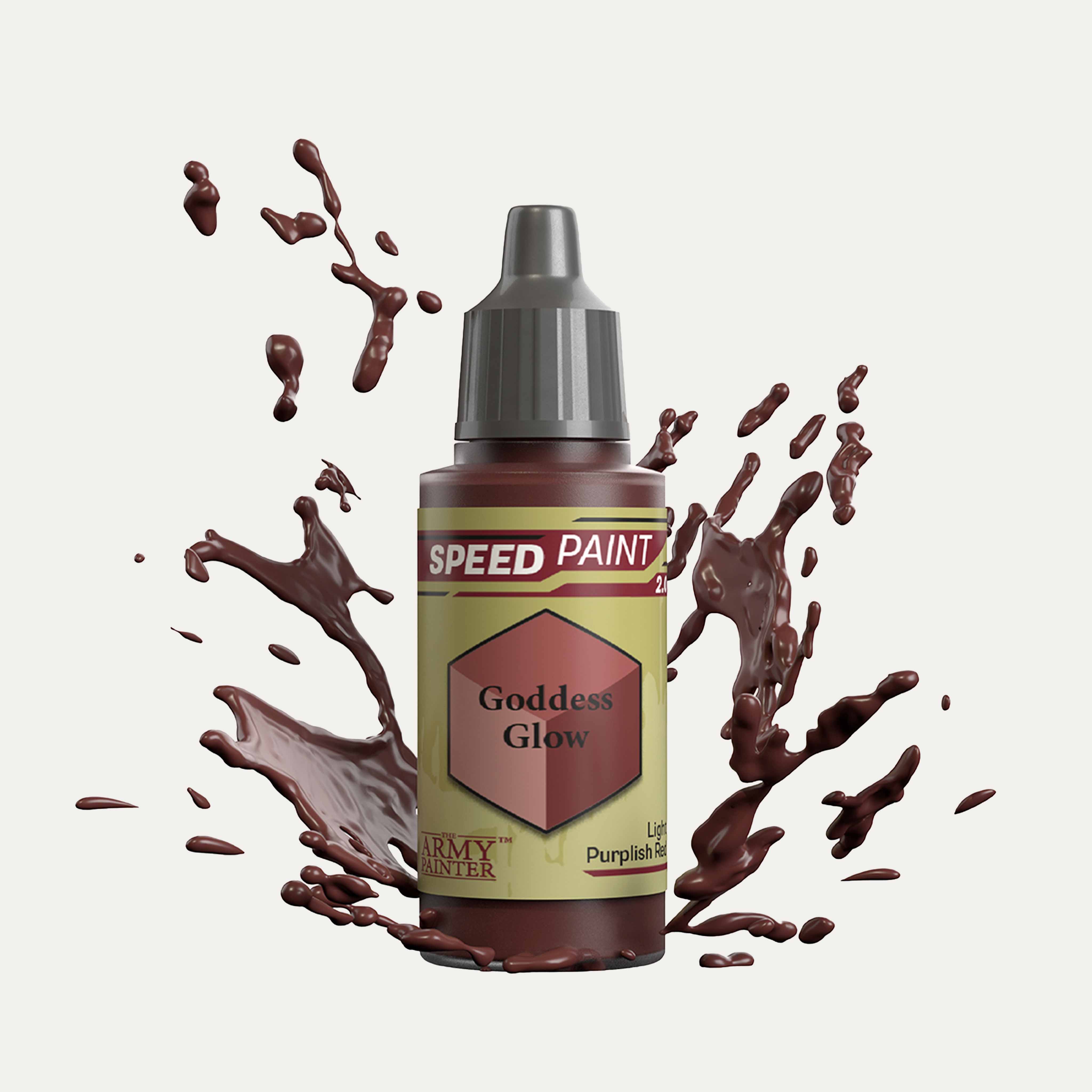 Bottle of the Army Painter Speedpaint in the colour Goddess Glow on a white background. There are splatters of Goddess Glow paint emerging from the bottom of the paint bottle. 