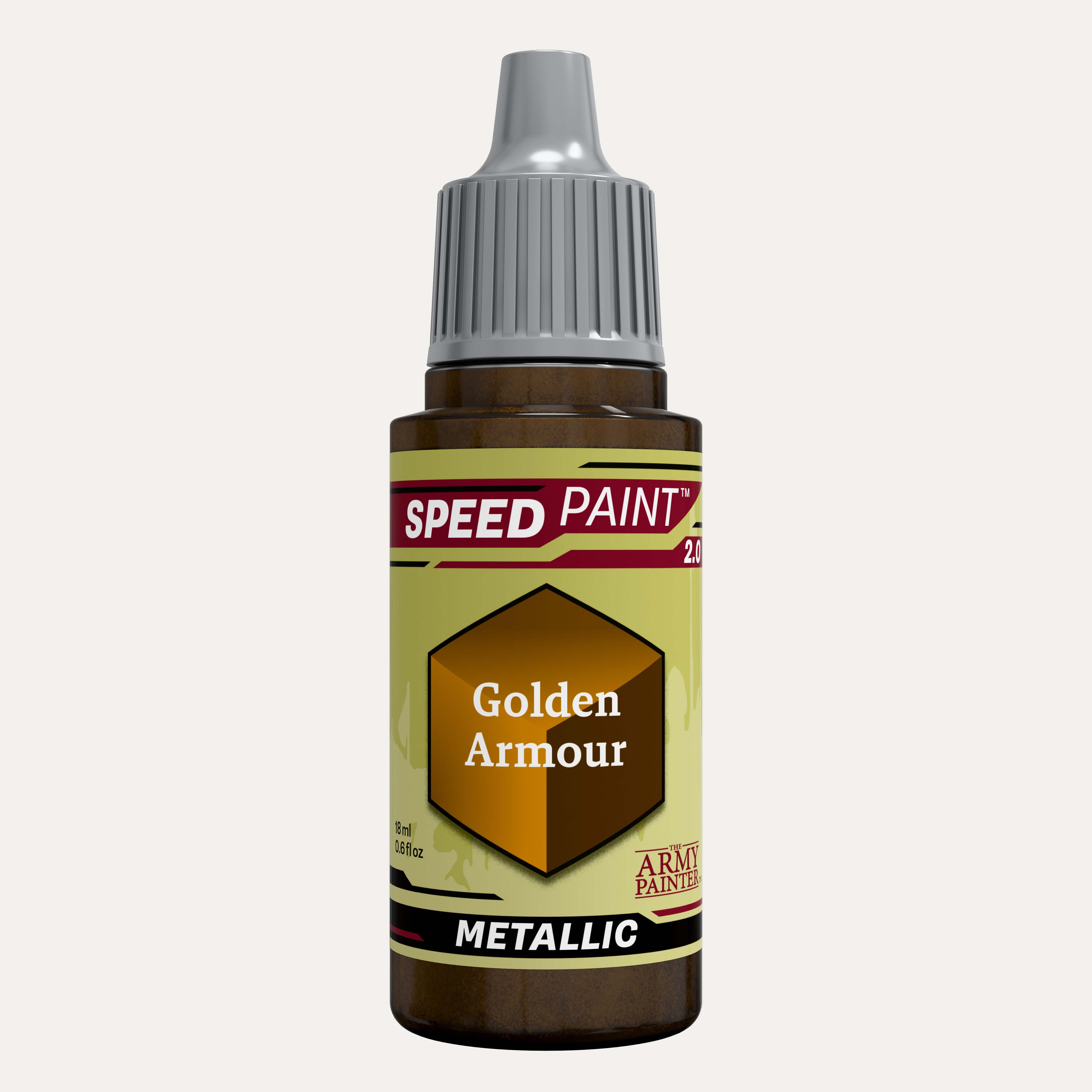 Bottle of the Army Painters metallic Speedpaint in the colour Golden Armour on a white background. 