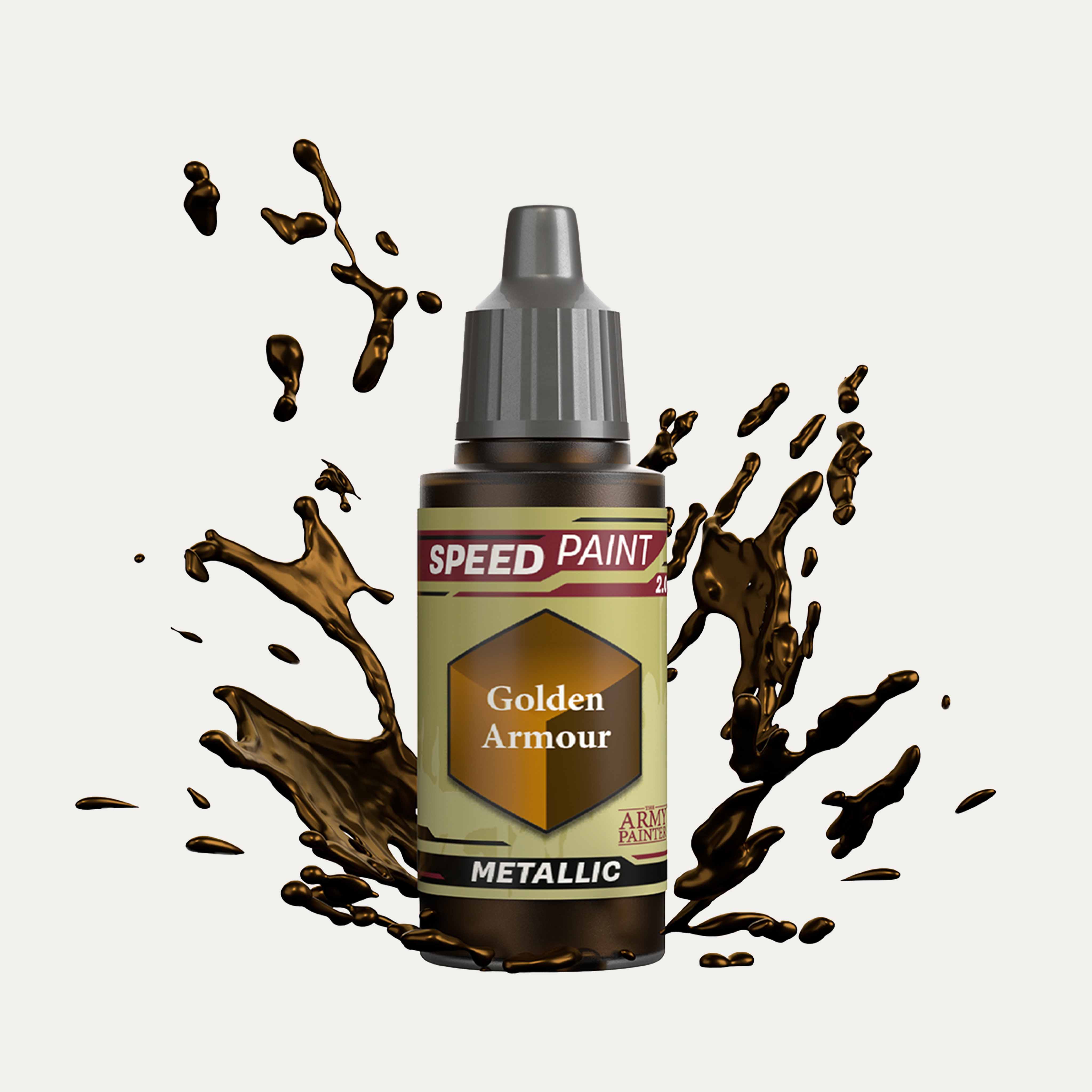Bottle of the Army Painters metallic Speedpaint in the colour Golden Armour on a white background. There are splatters of Golden Armour paint emerging from the bottom of the paint bottle. 