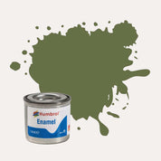 Humbrol Enamel paint tin, with a splatter of Grass Green Matt colour behind it, on a white background.
