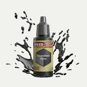 Bottle of the Army Painter Speedpaint in the colour Gravelord Grey on a white background. There are splatters of Gravelord Grey paint emerging from the bottom of the paint bottle.