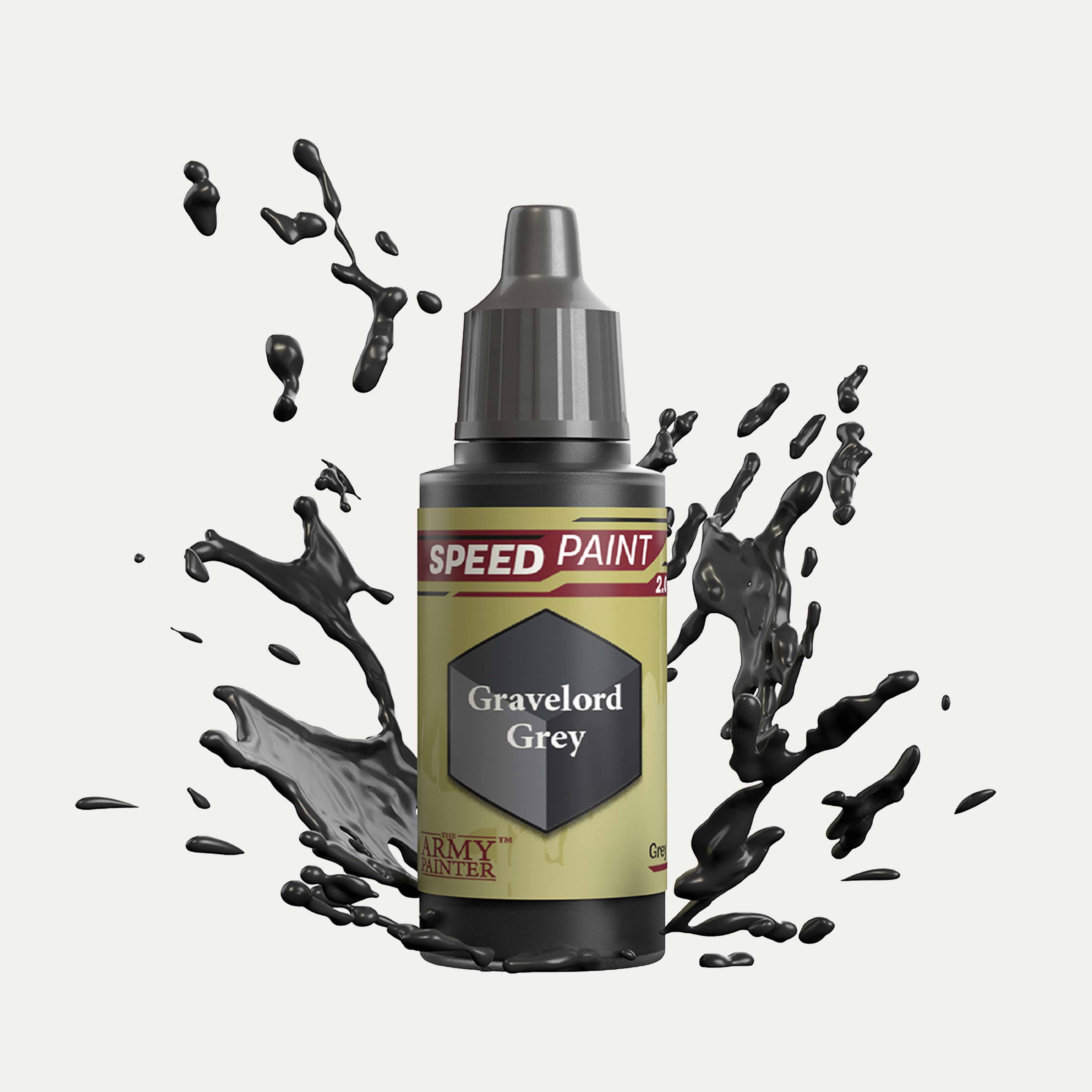 Bottle of the Army Painter Speedpaint in the colour Gravelord Grey on a white background. There are splatters of Gravelord Grey paint emerging from the bottom of the paint bottle.