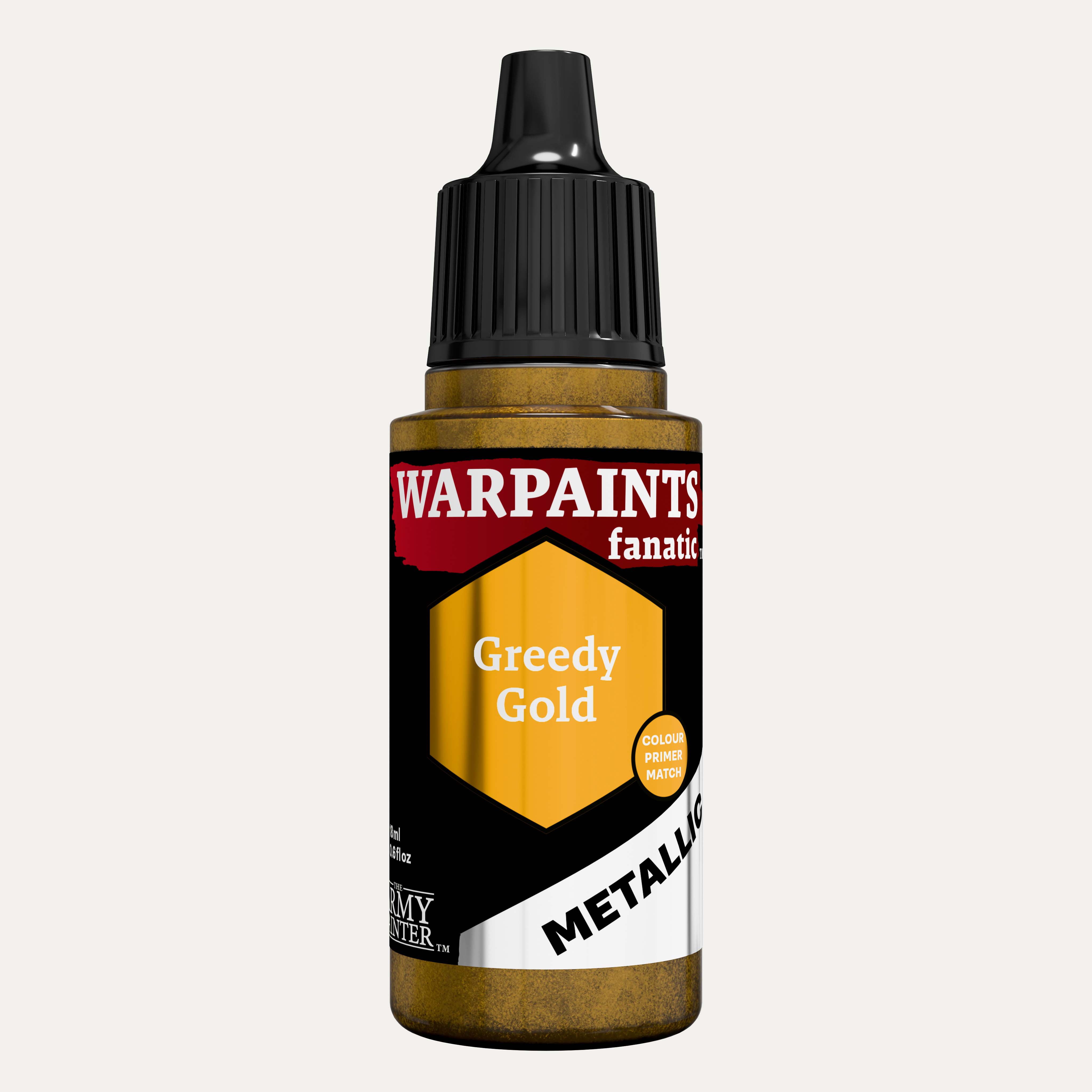 Bottle of the Army Painter Fanatics Metallic paint in the colour Greedy Gold on a white background.