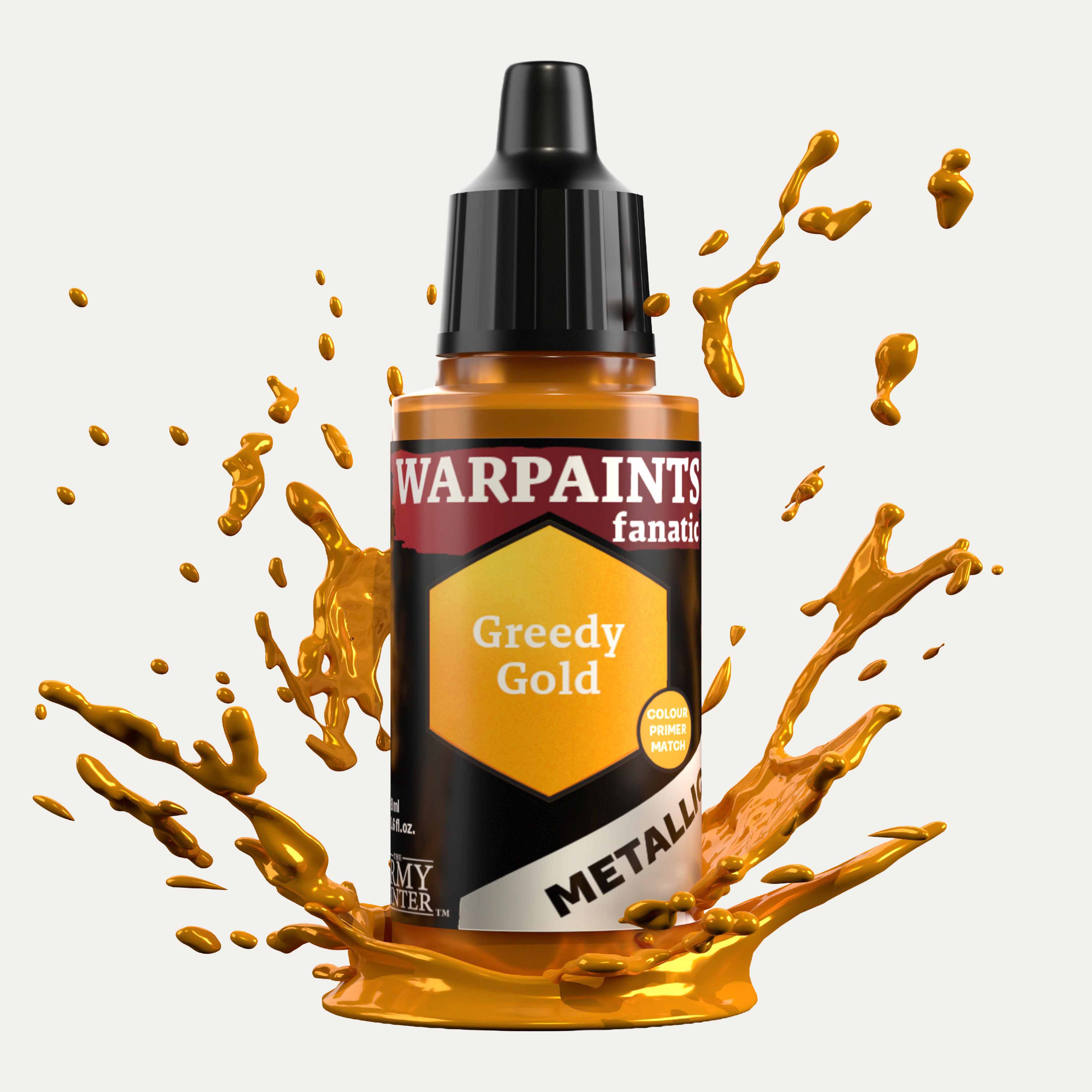 Bottle of the Army Painter Fanatics Metallic paint in the colour Greedy Gold on a white background. There are splatters of paint emerging from the bottom of the paint bottle. 