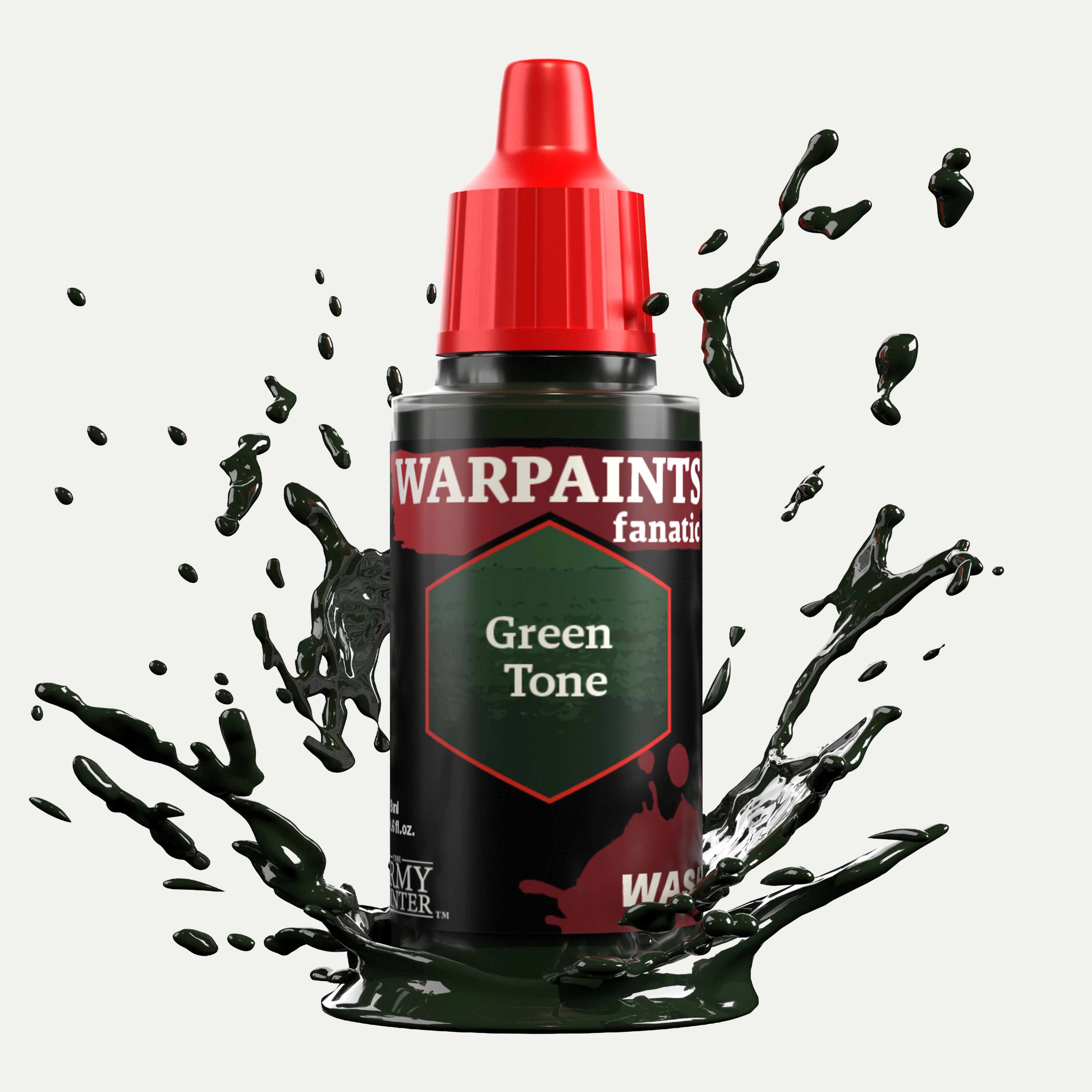 Bottle of the Army Painter Fanatics Wash in the colour Green Tone on a white background. There are splatters of paint emerging from the bottom of the paint bottle. 