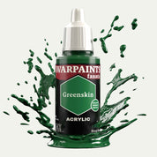 Bottle of the Army Painter Fanatics in the colour Greenskin on a white background. There are splatters of paint emerging from the bottom of the paint bottle. 
