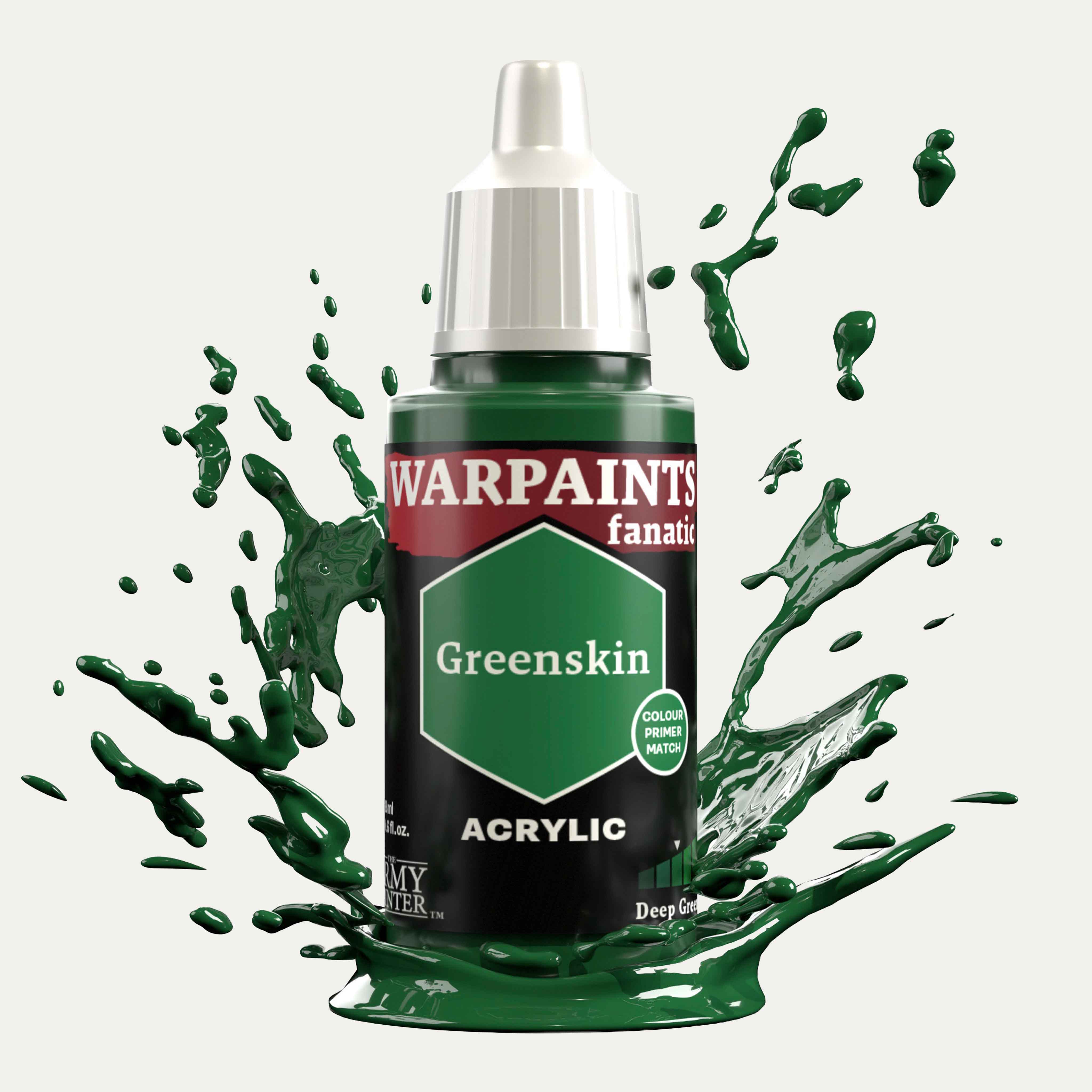 Bottle of the Army Painter Fanatics in the colour Greenskin on a white background. There are splatters of paint emerging from the bottom of the paint bottle. 