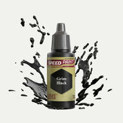 Bottle of the Army Painter Speedpaint in the colour Grim Black on a white background. There are splatters of Grim Black paint emerging from the bottom of the paint bottle.