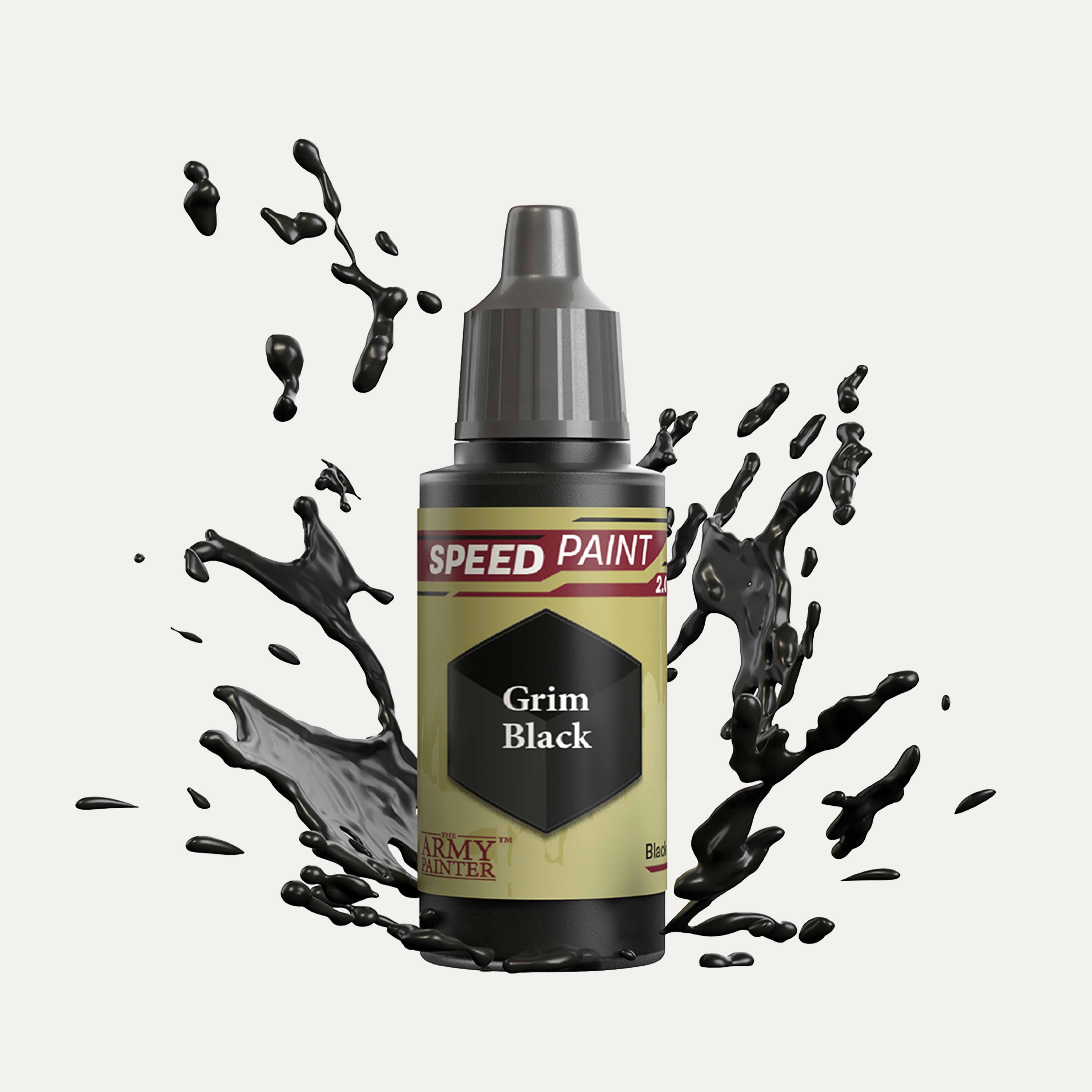 Bottle of the Army Painter Speedpaint in the colour Grim Black on a white background. There are splatters of Grim Black paint emerging from the bottom of the paint bottle.
