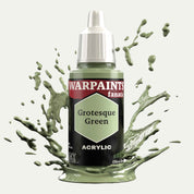 Bottle of the Army Painter Fanatics in the colour Grotesque Green on a white background. There are splatters of paint emerging from the bottom of the paint bottle. 